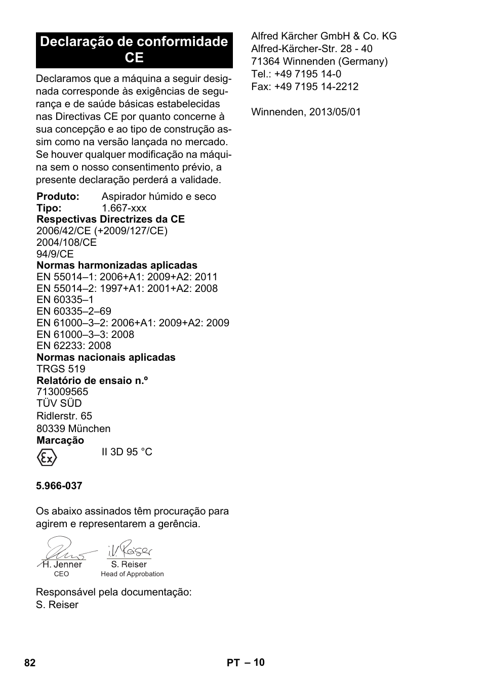 Declaração de conformidade ce | Karcher NT 75-1 Tact Me Te H S Z2 User Manual | Page 82 / 300