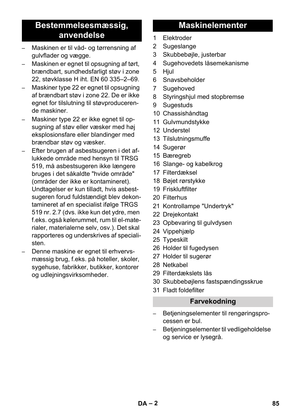 Bestemmelsesmæssig‚ anvendelse maskinelementer | Karcher NT 75-1 Tact Me Te H S Z2 User Manual | Page 85 / 300