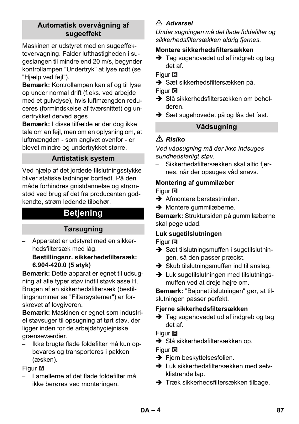 Betjening | Karcher NT 75-1 Tact Me Te H S Z2 User Manual | Page 87 / 300