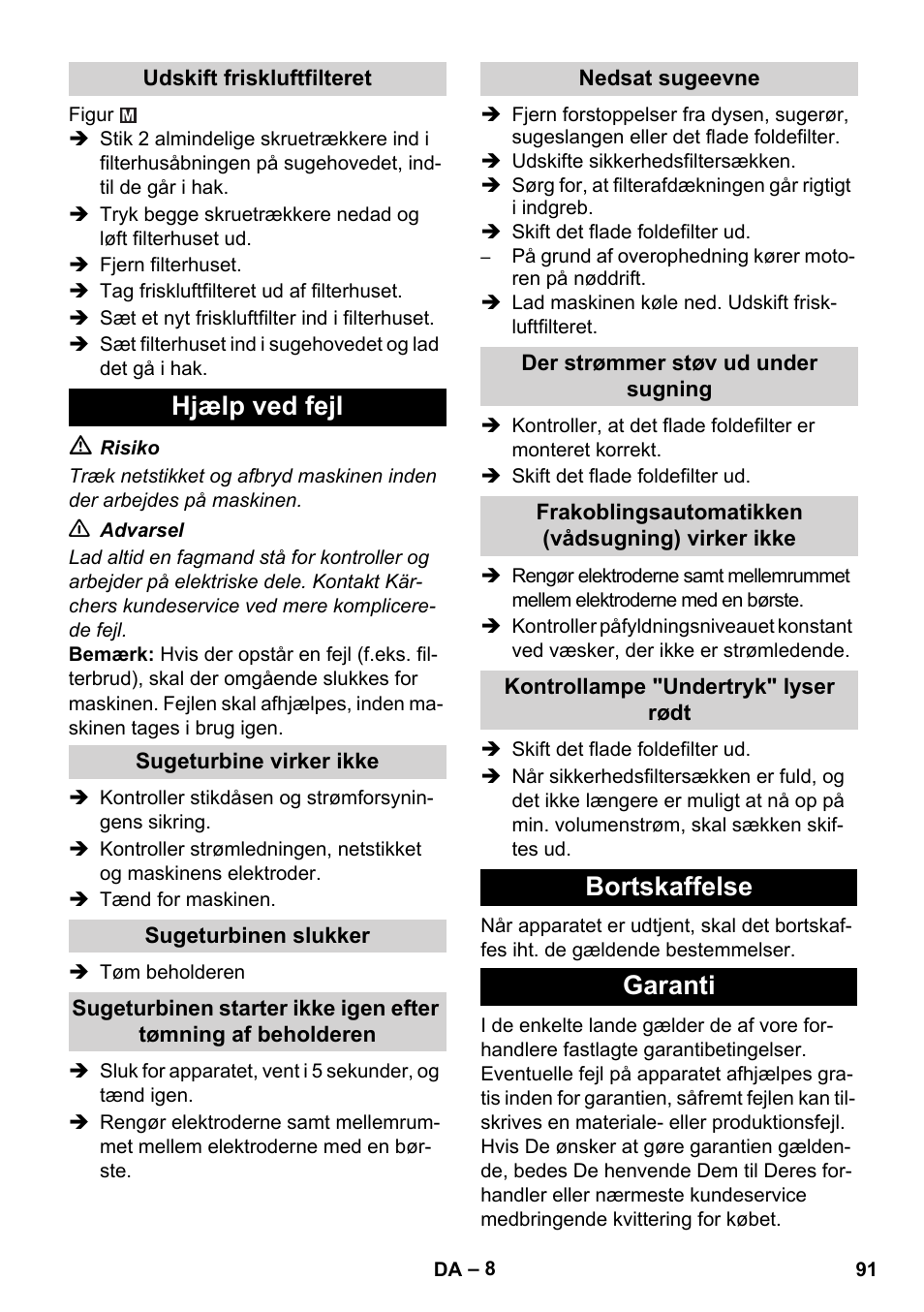 Hjælp ved fejl, Bortskaffelse garanti | Karcher NT 75-1 Tact Me Te H S Z2 User Manual | Page 91 / 300