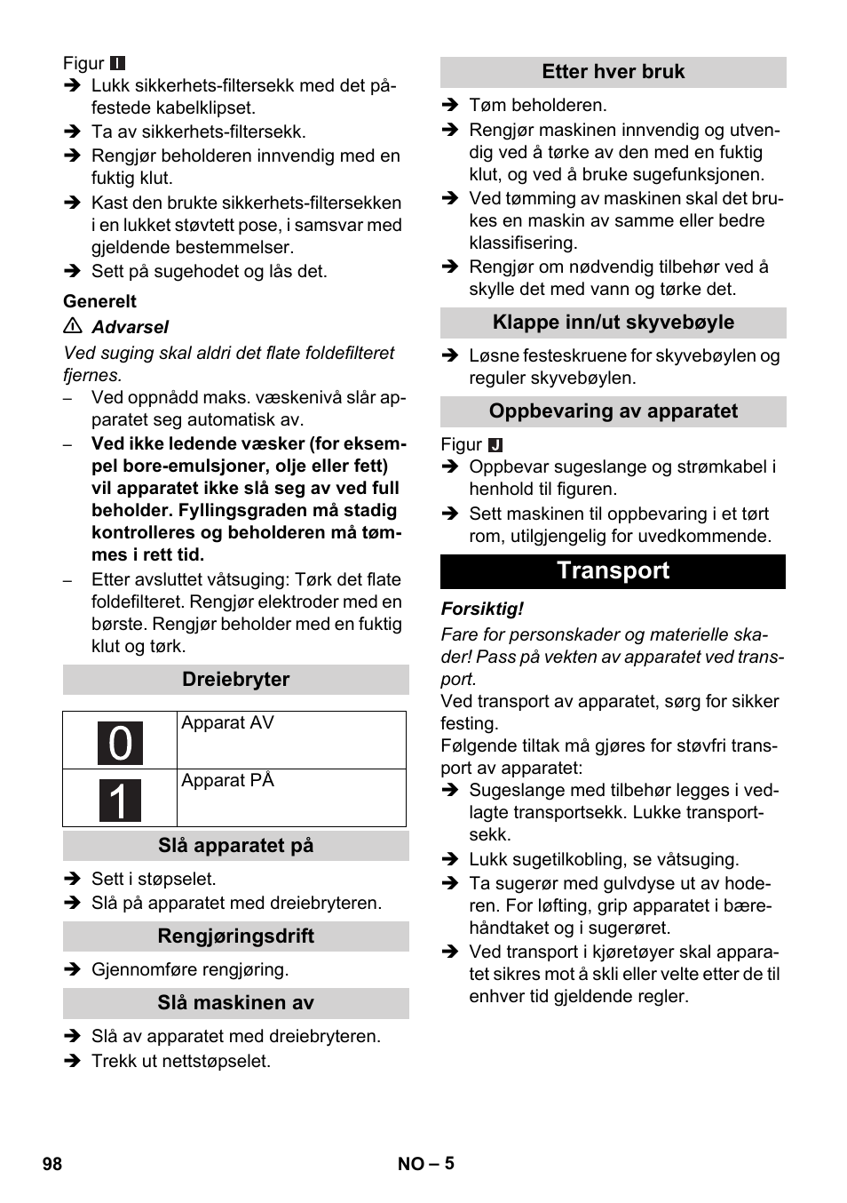 Transport | Karcher NT 75-1 Tact Me Te H S Z2 User Manual | Page 98 / 300