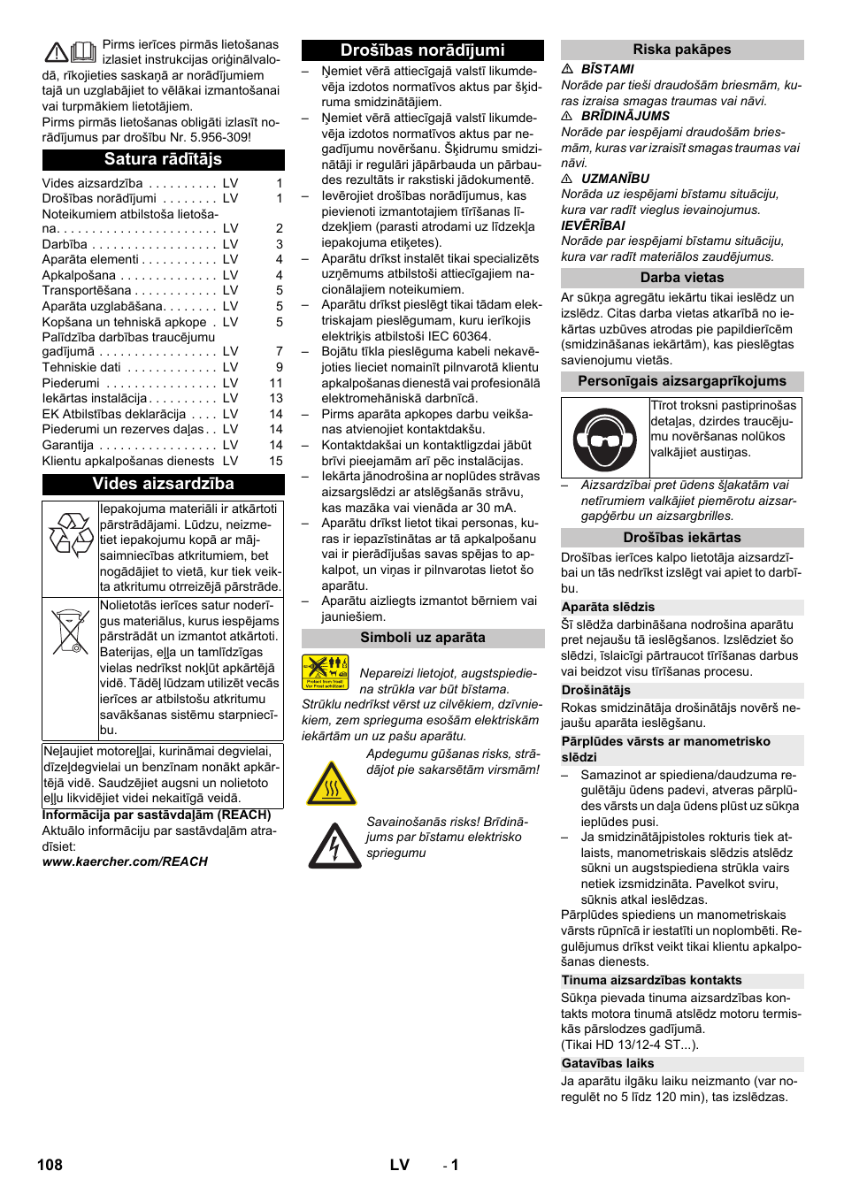 Latviešu, Satura rādītājs, Vides aizsardzība | Drošības norādījumi, Simboli uz aparāta, Riska pakāpes, Darba vietas, Personīgais aizsargaprīkojums, Drošības iekārtas, Aparāta slēdzis | Karcher HD 13-12-4 ST User Manual | Page 108 / 156