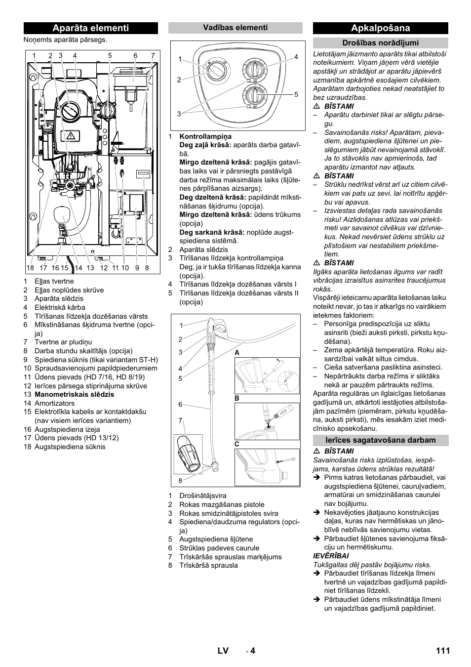 Aparāta elementi, Vadības elementi, Apkalpošana | Drošības norādījumi, Ierīces sagatavošana darbam | Karcher HD 13-12-4 ST User Manual | Page 111 / 156