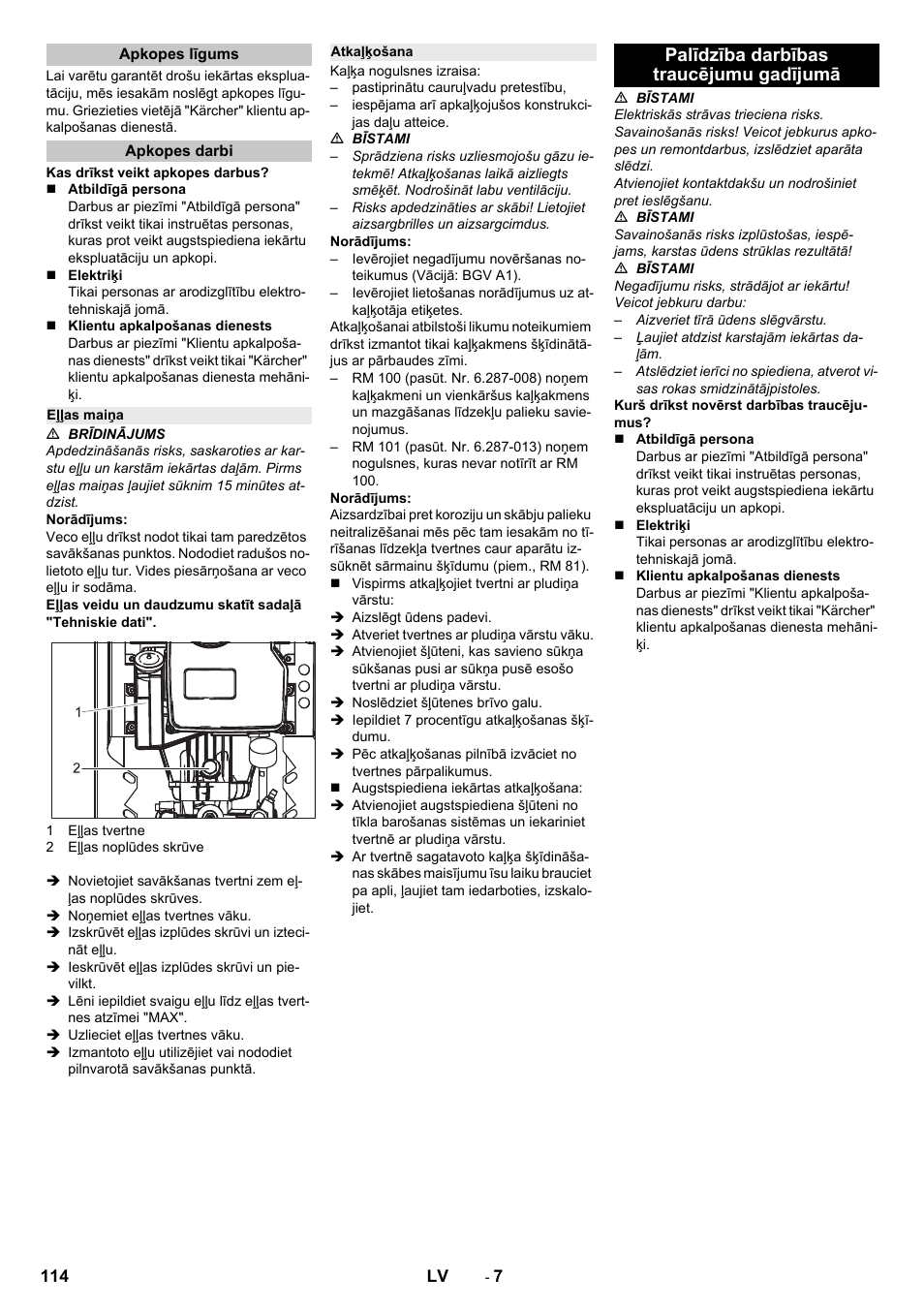 Apkopes līgums, Apkopes darbi, Eļļas maiņa | Atkaļķošana, Palīdzība darbības traucējumu gadījumā | Karcher HD 13-12-4 ST User Manual | Page 114 / 156