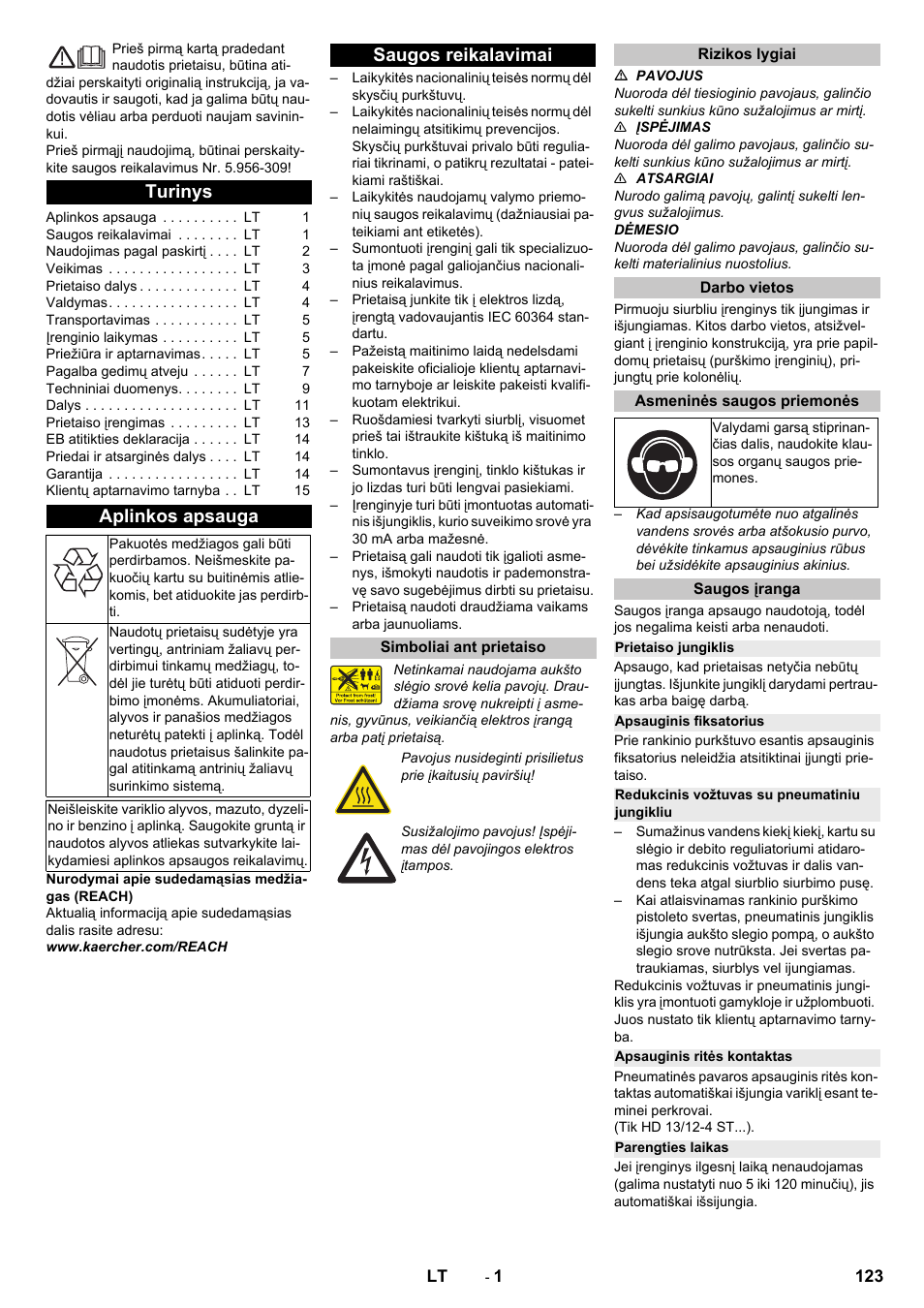 Lietuviškai, Turinys, Aplinkos apsauga | Saugos reikalavimai, Simboliai ant prietaiso, Rizikos lygiai, Darbo vietos, Asmeninės saugos priemonės, Saugos įranga, Prietaiso jungiklis | Karcher HD 13-12-4 ST User Manual | Page 123 / 156