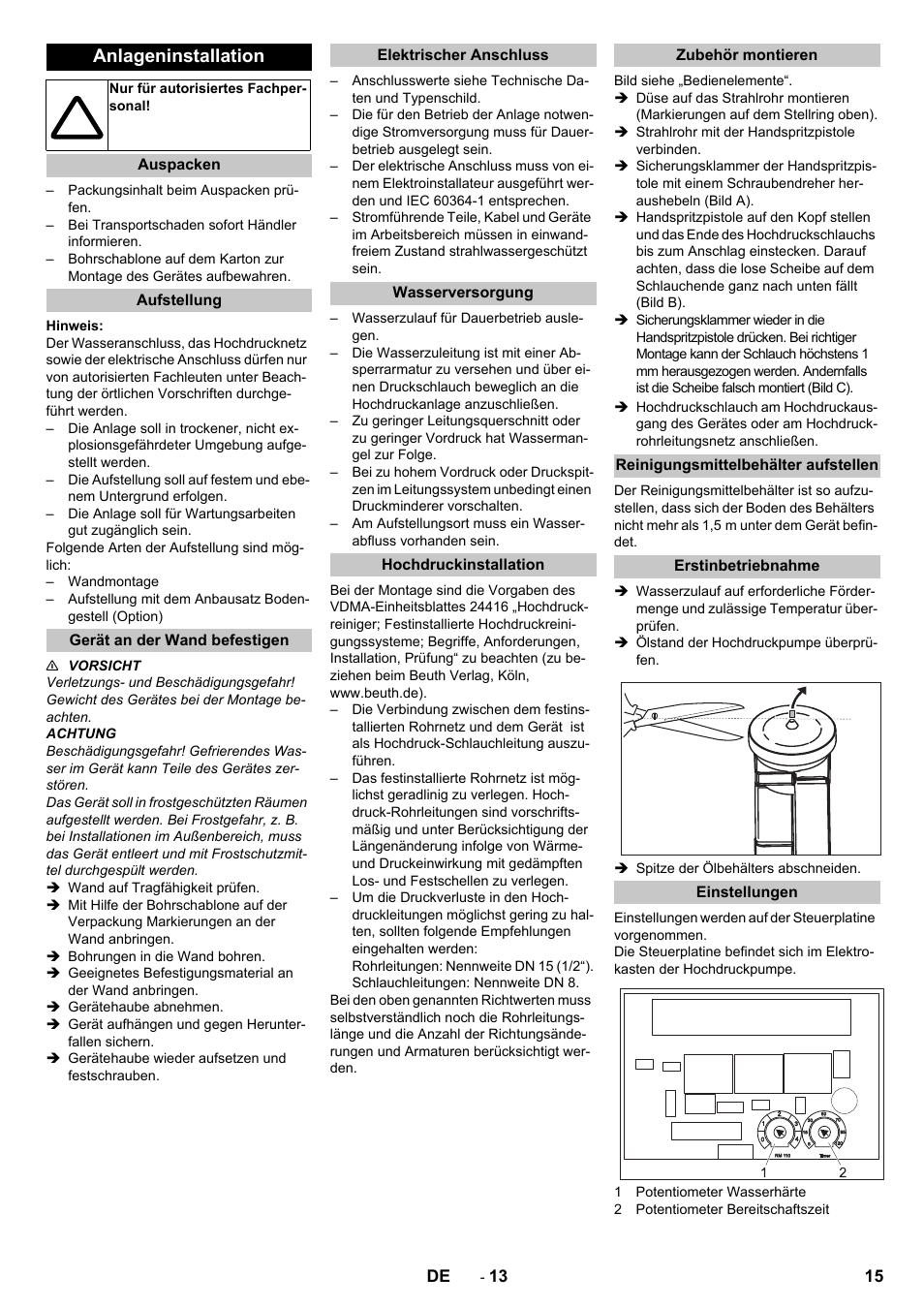 Anlageninstallation, Auspacken, Aufstellung | Gerät an der wand befestigen, Elektrischer anschluss, Wasserversorgung, Hochdruckinstallation, Zubehör montieren, Reinigungsmittelbehälter aufstellen, Erstinbetriebnahme | Karcher HD 13-12-4 ST User Manual | Page 15 / 156