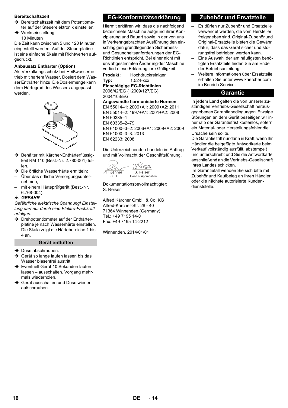 Bereitschaftszeit, Anbausatz enthärter (option), Gerät entlüften | Eg-konformitätserklärung, Zubehör und ersatzteile, Garantie, Zubehör und ersatzteile garantie | Karcher HD 13-12-4 ST User Manual | Page 16 / 156