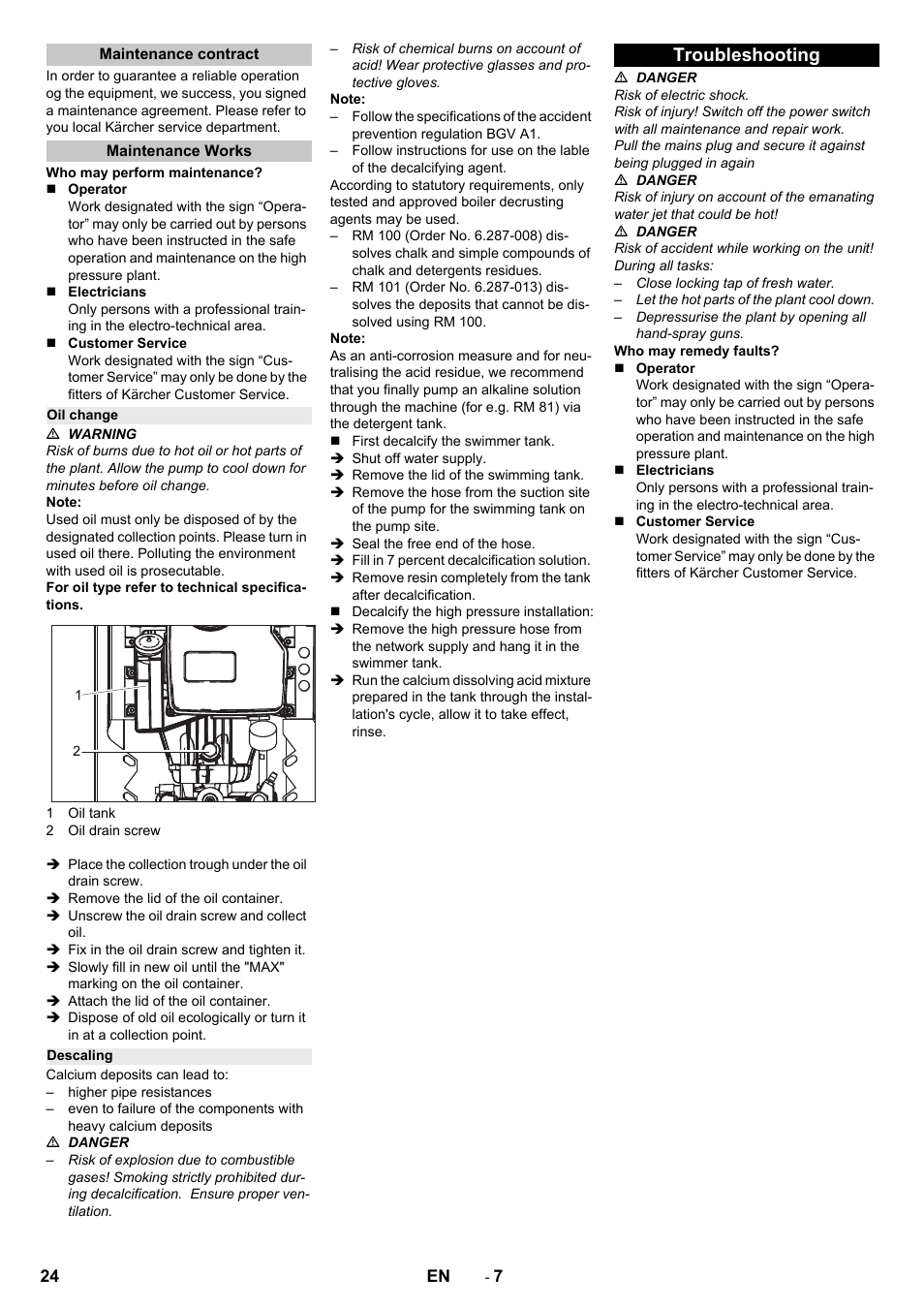 Maintenance contract, Maintenance works, Oil change | Descaling, Troubleshooting | Karcher HD 13-12-4 ST User Manual | Page 24 / 156