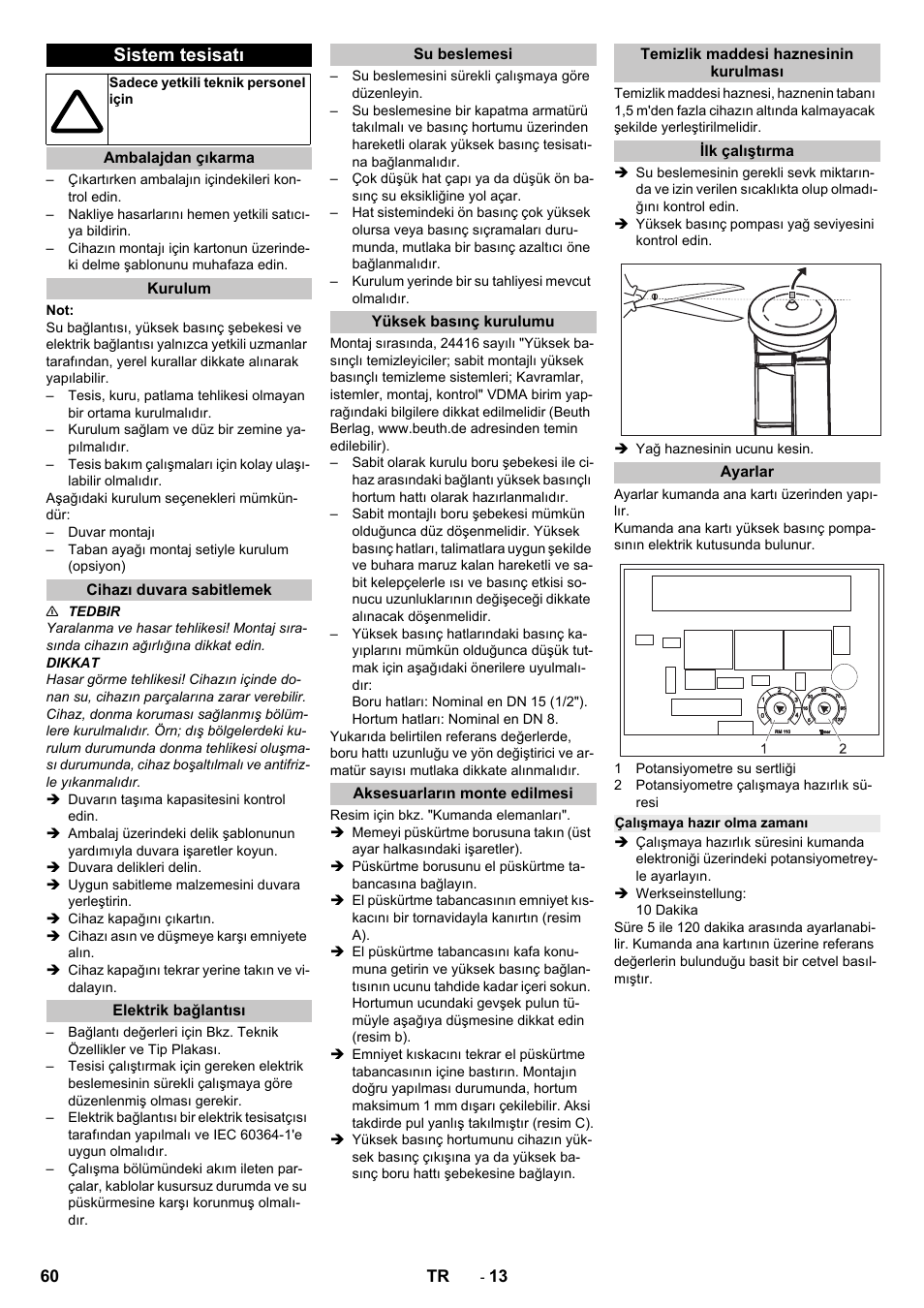 Sistem tesisatı, Ambalajdan çıkarma, Kurulum | Cihazı duvara sabitlemek, Elektrik bağlantısı, Su beslemesi, Yüksek basınç kurulumu, Aksesuarların monte edilmesi, Temizlik maddesi haznesinin kurulması, Ilk çalıştırma | Karcher HD 13-12-4 ST User Manual | Page 60 / 156