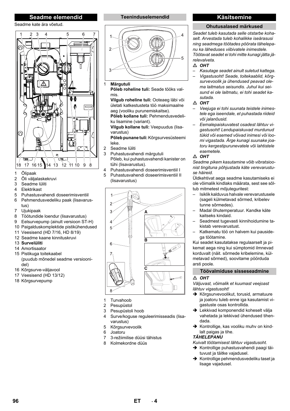 Seadme elemendid, Teeninduselemendid, Käsitsemine | Ohutusalased märkused, Töövalmiduse sisseseadmine | Karcher HD 13-12-4 ST User Manual | Page 96 / 156