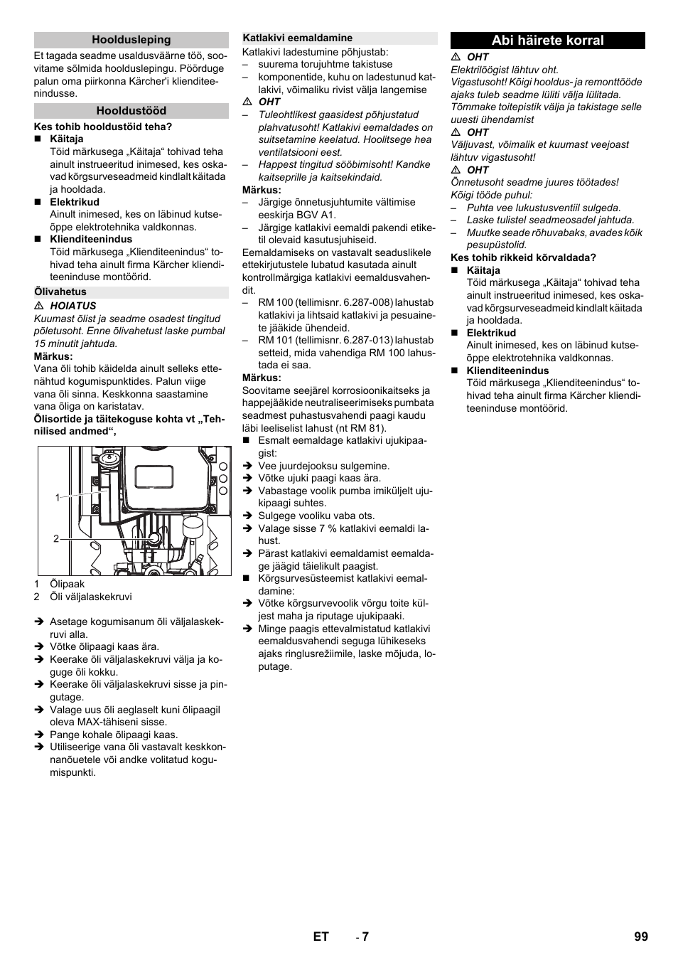 Hooldusleping, Hooldustööd, Õlivahetus | Katlakivi eemaldamine, Abi häirete korral | Karcher HD 13-12-4 ST User Manual | Page 99 / 156