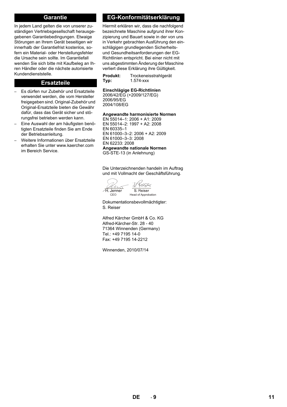 Garantie ersatzteile eg-konformitätserklärung | Karcher IB 15-80 User Manual | Page 11 / 88