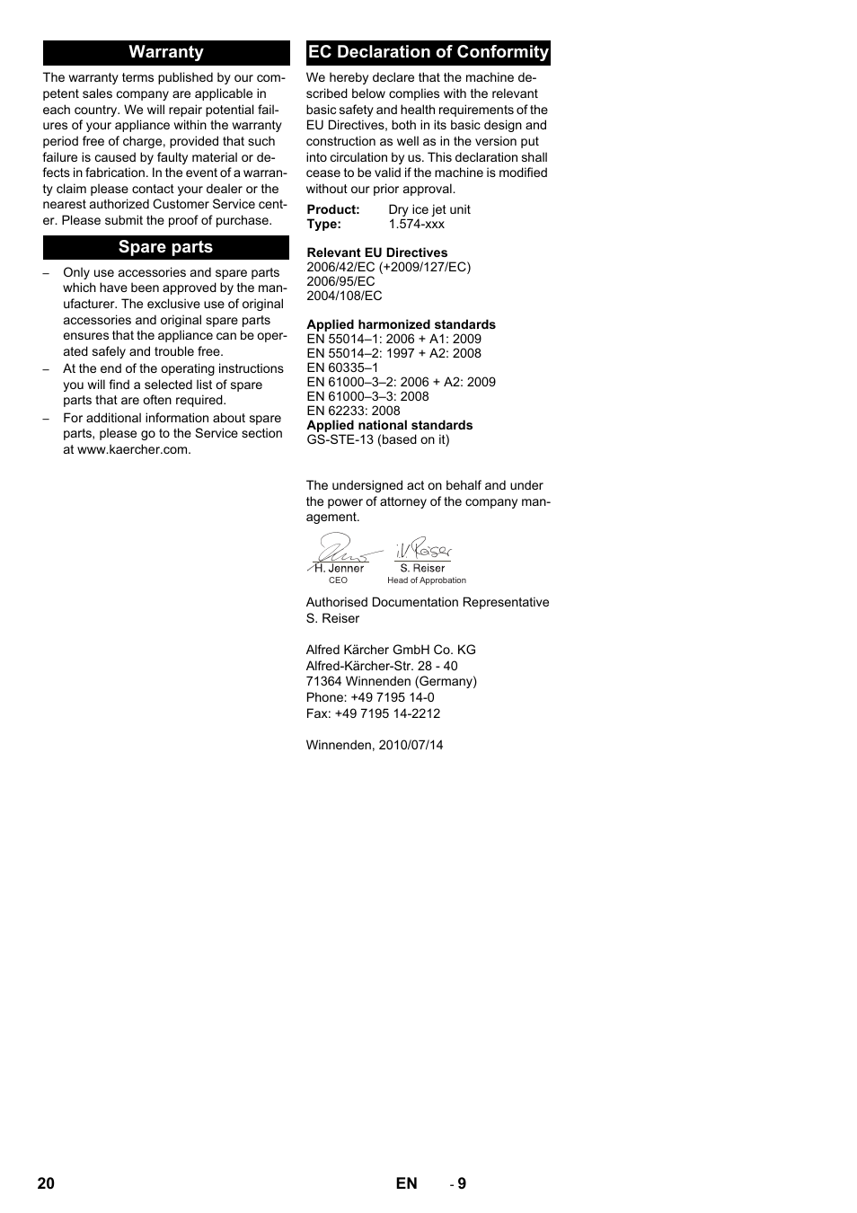 Warranty spare parts ec declaration of conformity | Karcher IB 15-80 User Manual | Page 20 / 88