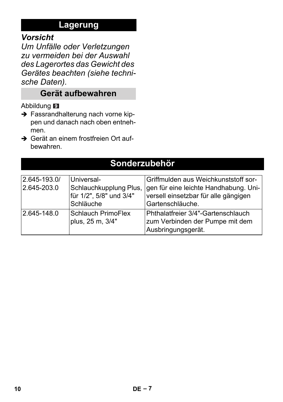 Lagerung, Sonderzubehör, Gerät aufbewahren | Karcher BP 1 Barrel Set User Manual | Page 10 / 72