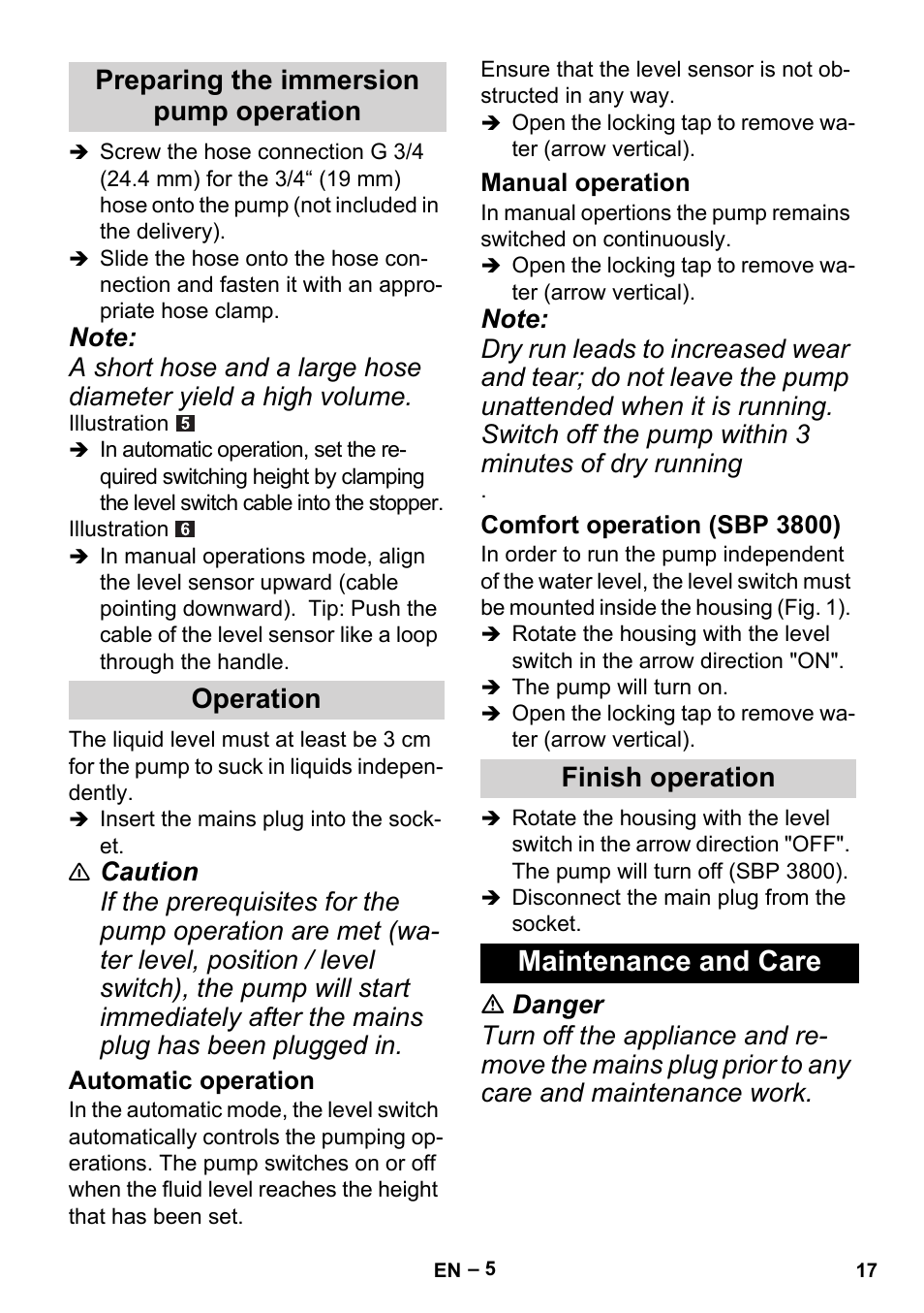 Maintenance and care, Preparing the immersion pump operation operation, Finish operation | Karcher BP 1 Barrel Set User Manual | Page 17 / 72