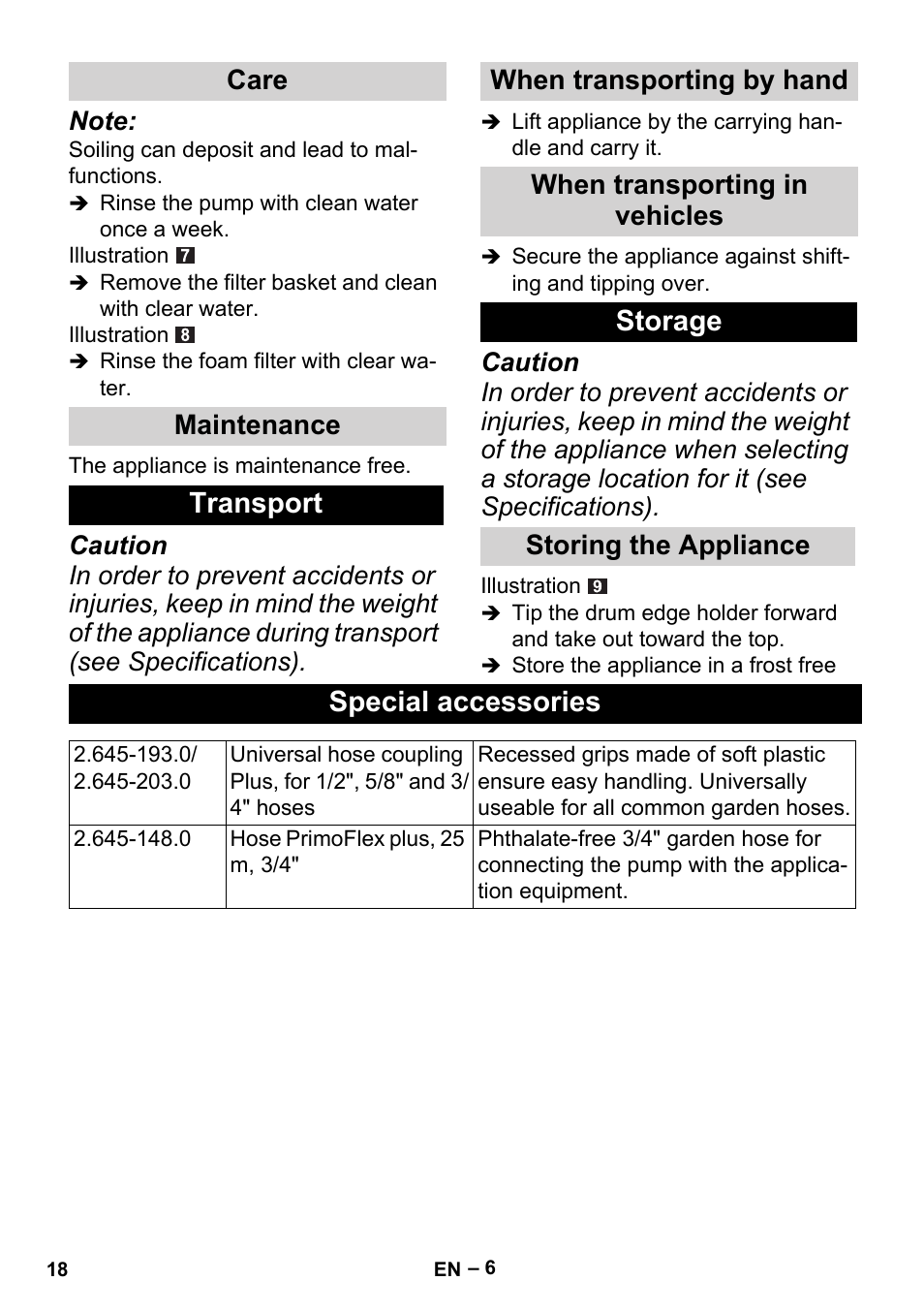 Transport, Storage, Special accessories | Care maintenance, Storing the appliance | Karcher BP 1 Barrel Set User Manual | Page 18 / 72