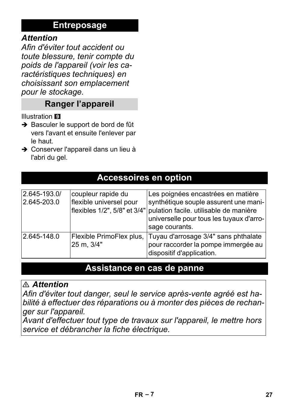 Entreposage, Accessoires en option, Assistance en cas de panne | Ranger l’appareil | Karcher BP 1 Barrel Set User Manual | Page 27 / 72