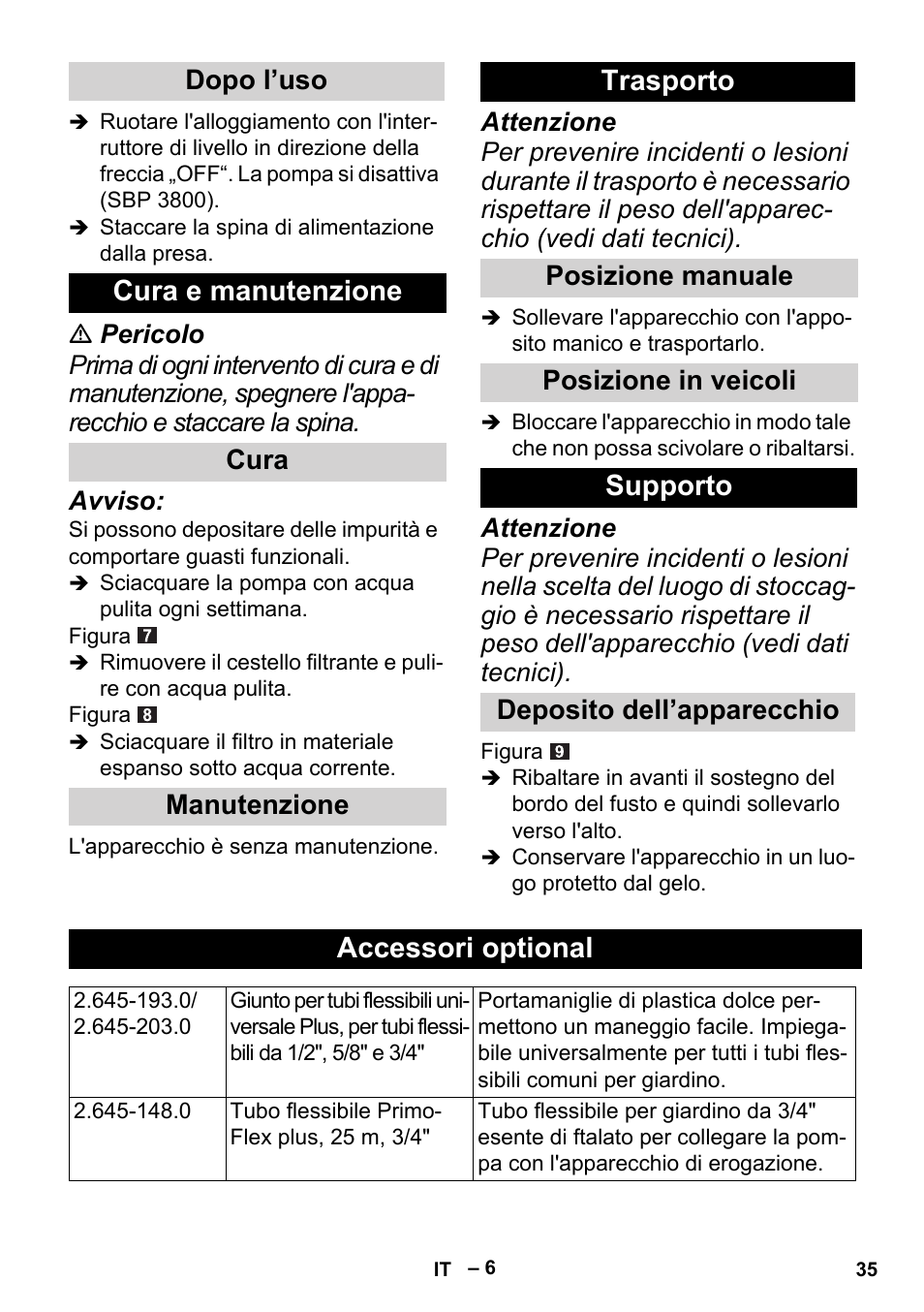 Cura e manutenzione, Trasporto, Supporto | Accessori optional, Dopo l’uso, Cura manutenzione, Posizione manuale posizione in veicoli, Deposito dell’apparecchio | Karcher BP 1 Barrel Set User Manual | Page 35 / 72