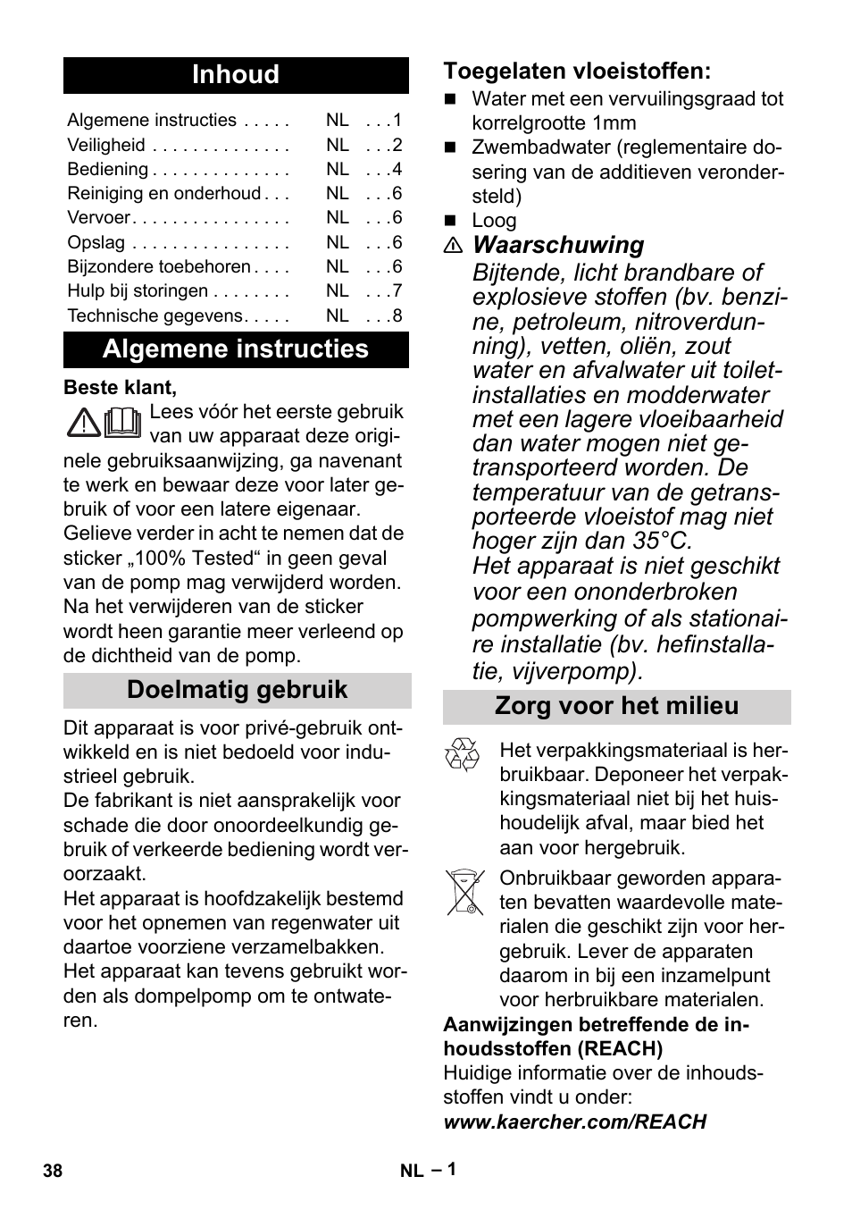 Nederlands, Inhoud, Algemene instructies | Doelmatig gebruik, Zorg voor het milieu | Karcher BP 1 Barrel Set User Manual | Page 38 / 72