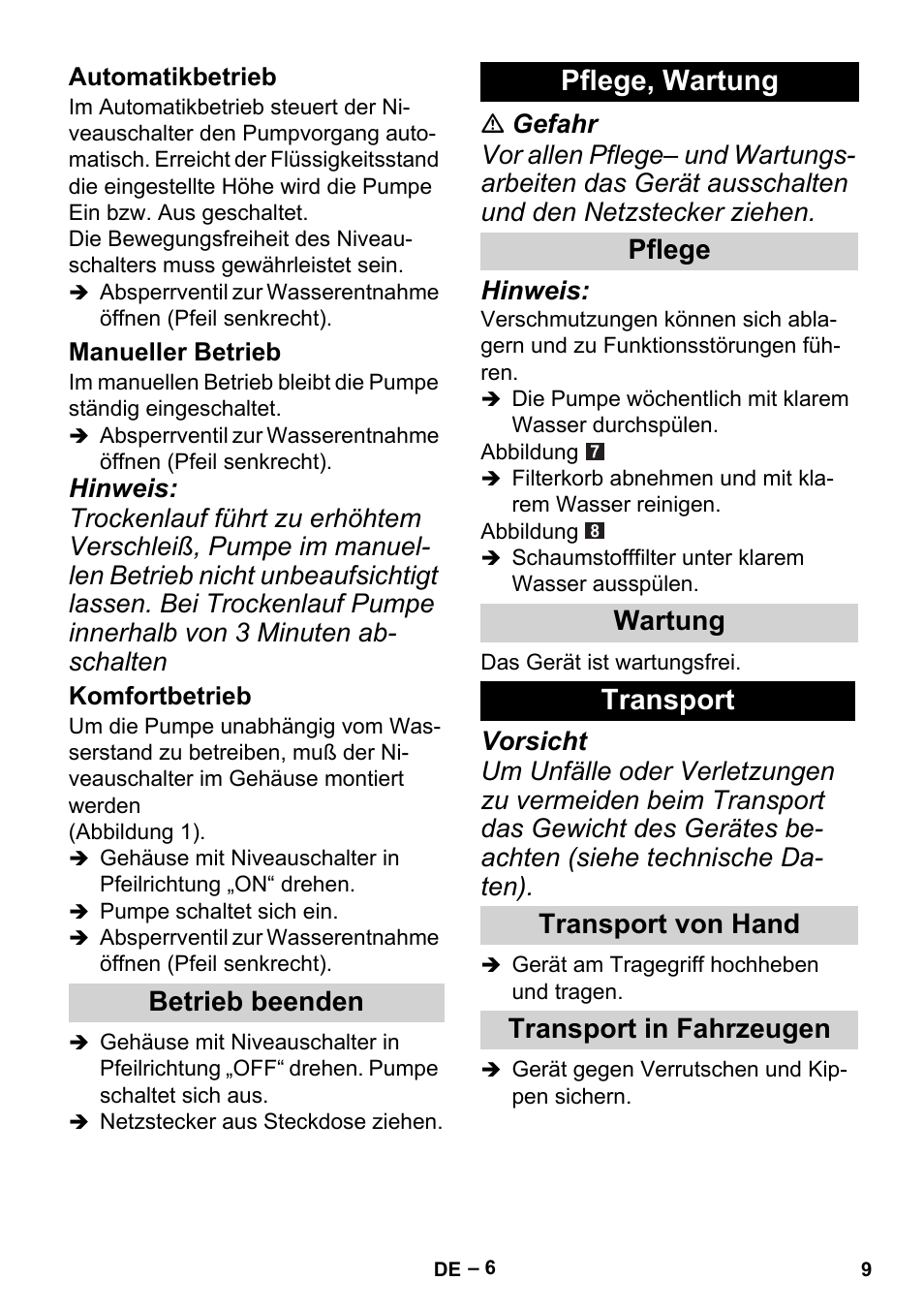 Pflege, wartung, Transport, Betrieb beenden | Pflege wartung, Transport von hand transport in fahrzeugen | Karcher BP 1 Barrel Set User Manual | Page 9 / 72