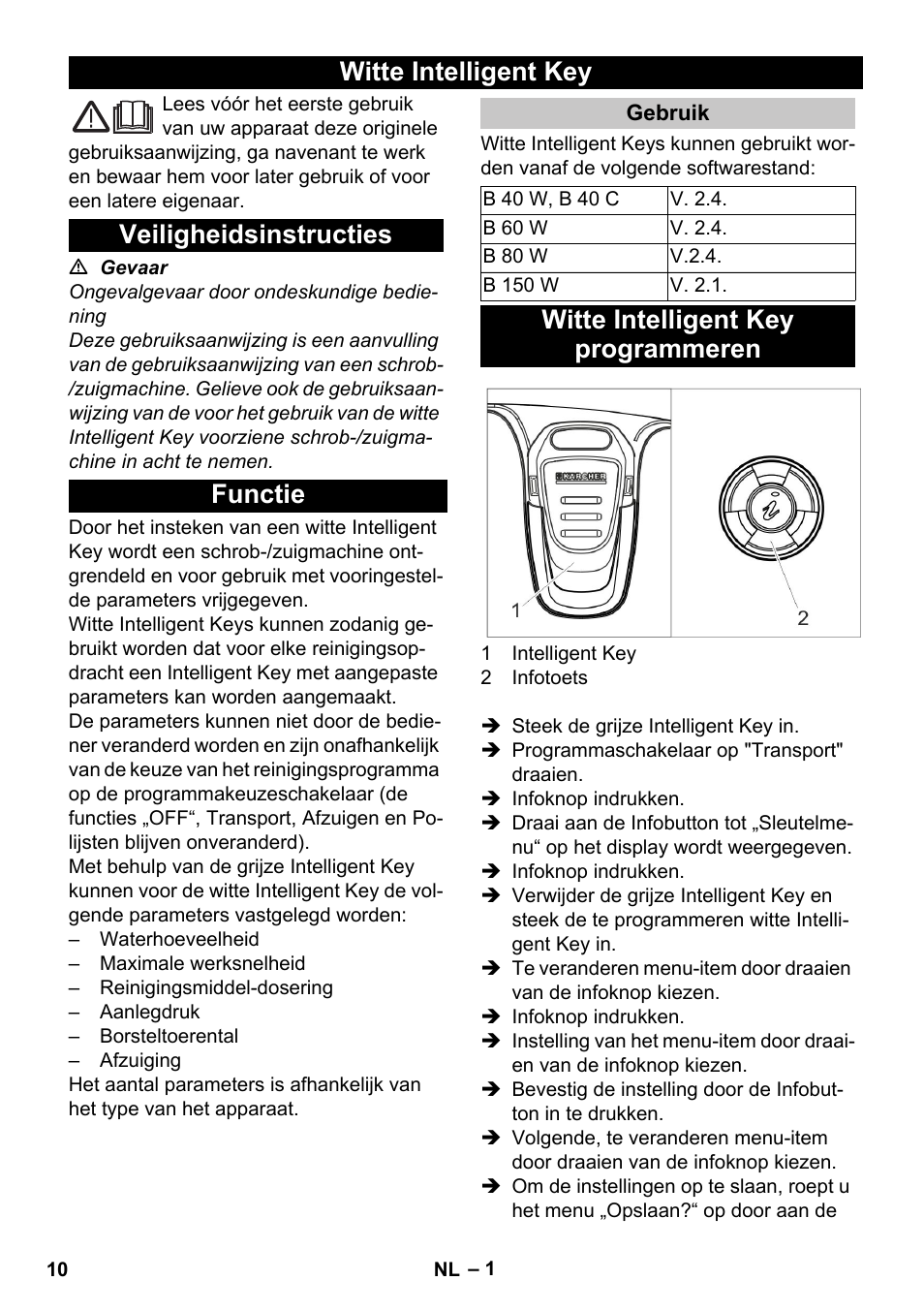 Nederlands, Witte intelligent key, Veiligheidsinstructies | Functie, Gebruik, Witte intelligent key programmeren | Karcher B 60 W User Manual | Page 10 / 56