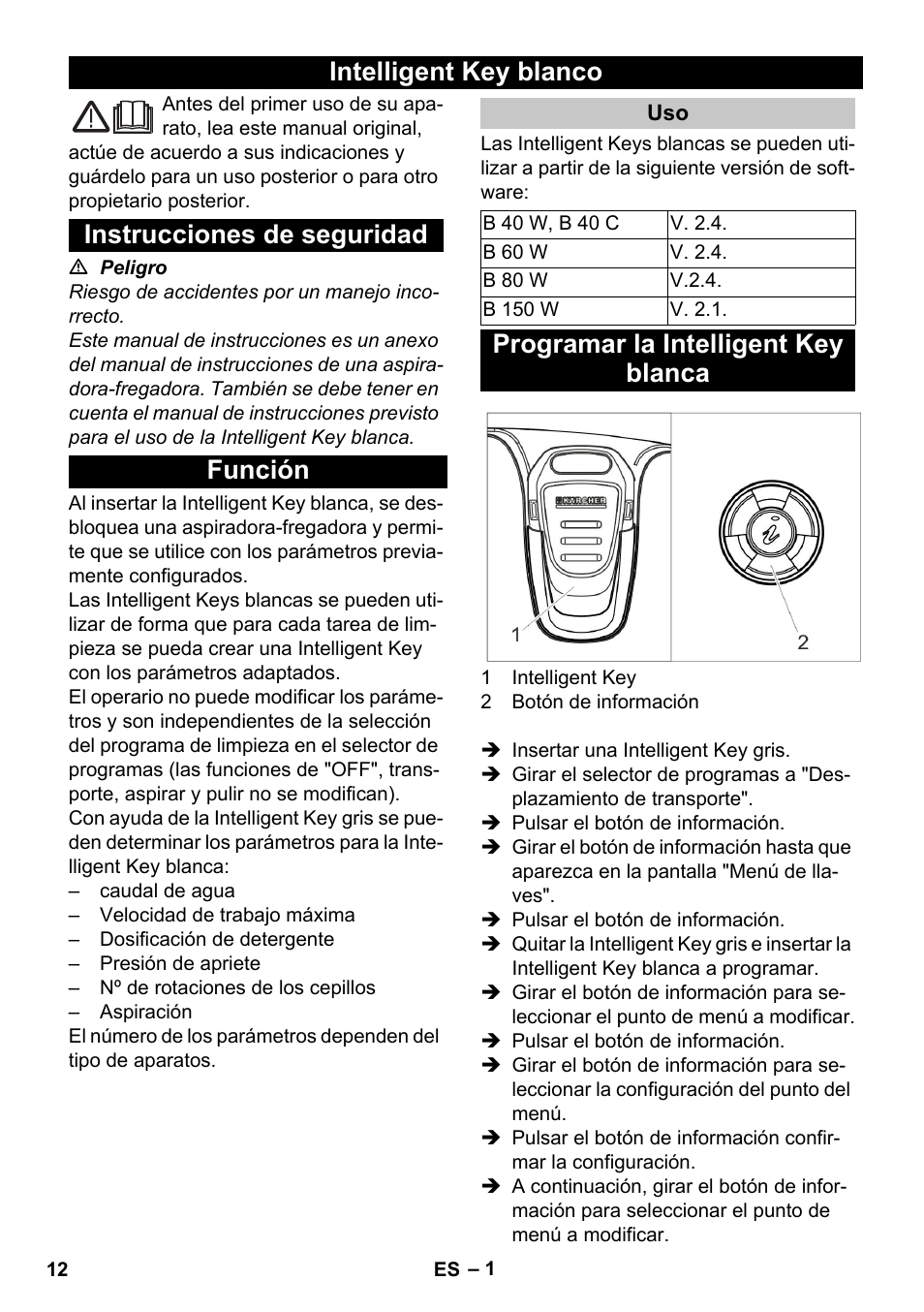 Español, Intelligent key blanco, Instrucciones de seguridad | Función, Programar la intelligent key blanca | Karcher B 60 W User Manual | Page 12 / 56