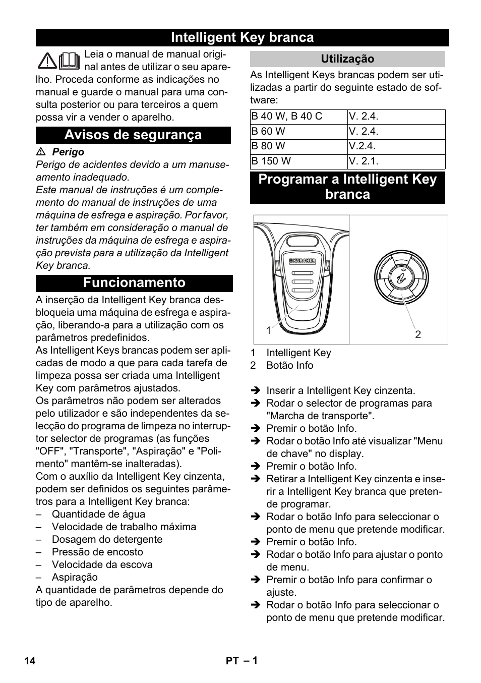 Português, Intelligent key branca, Avisos de segurança | Funcionamento, Utilização, Programar a intelligent key branca | Karcher B 60 W User Manual | Page 14 / 56