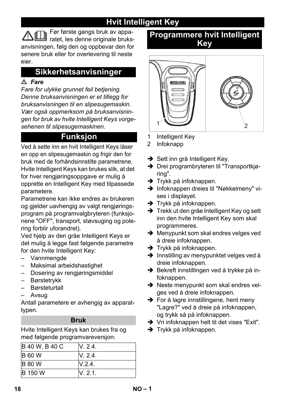 Norsk, Hvit intelligent key, Sikkerhetsanvisninger | Funksjon, Bruk, Programmere hvit intelligent key | Karcher B 60 W User Manual | Page 18 / 56