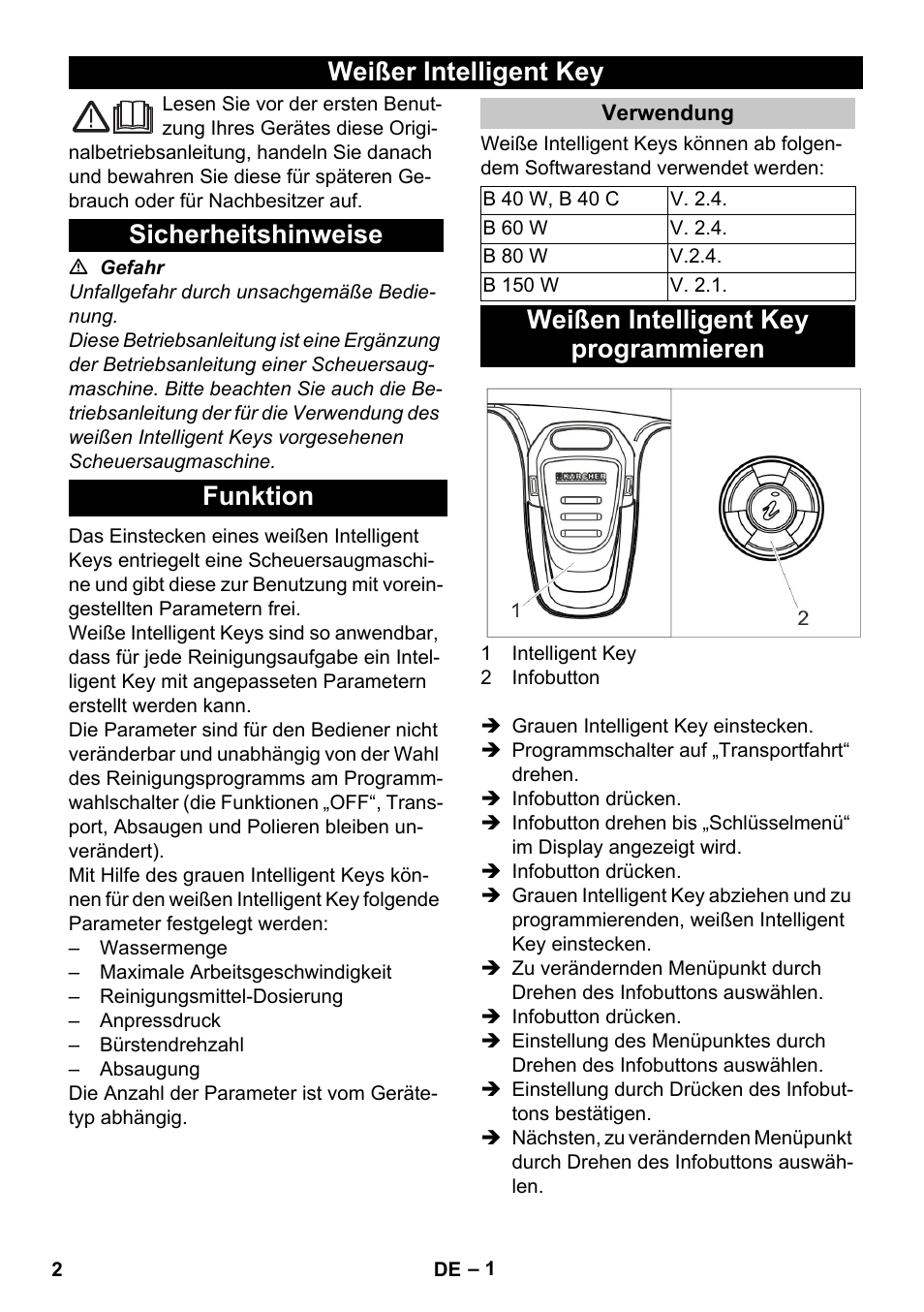 Deutsch, Weißer intelligent key, Sicherheitshinweise | Funktion, Verwendung, Weißen intelligent key programmieren | Karcher B 60 W User Manual | Page 2 / 56