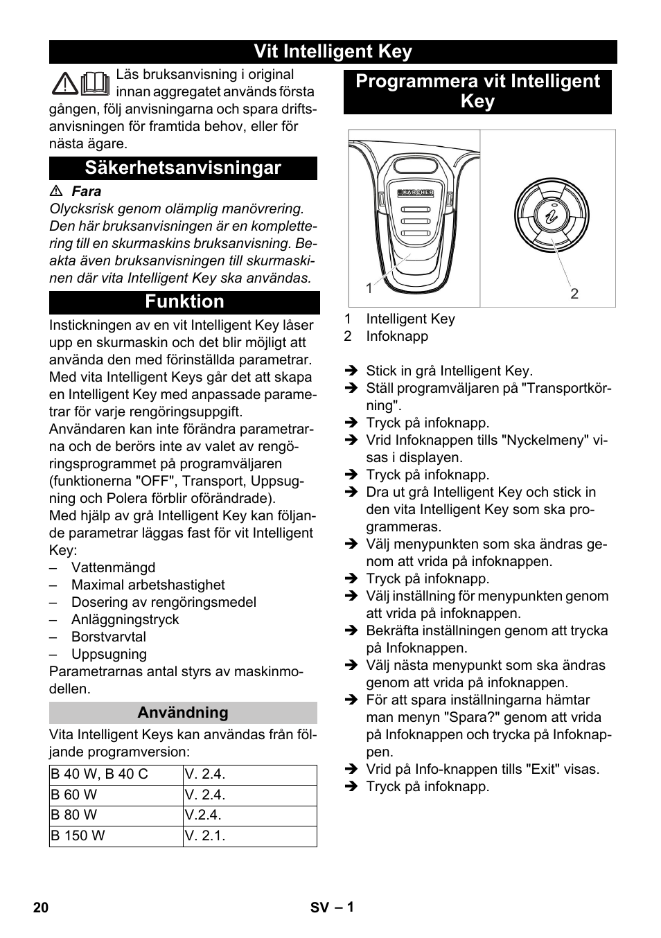 Svenska, Vit intelligent key, Säkerhetsanvisningar | Funktion, Användning, Programmera vit intelligent key, Vit intelligent key säkerhetsanvisningar funktion | Karcher B 60 W User Manual | Page 20 / 56