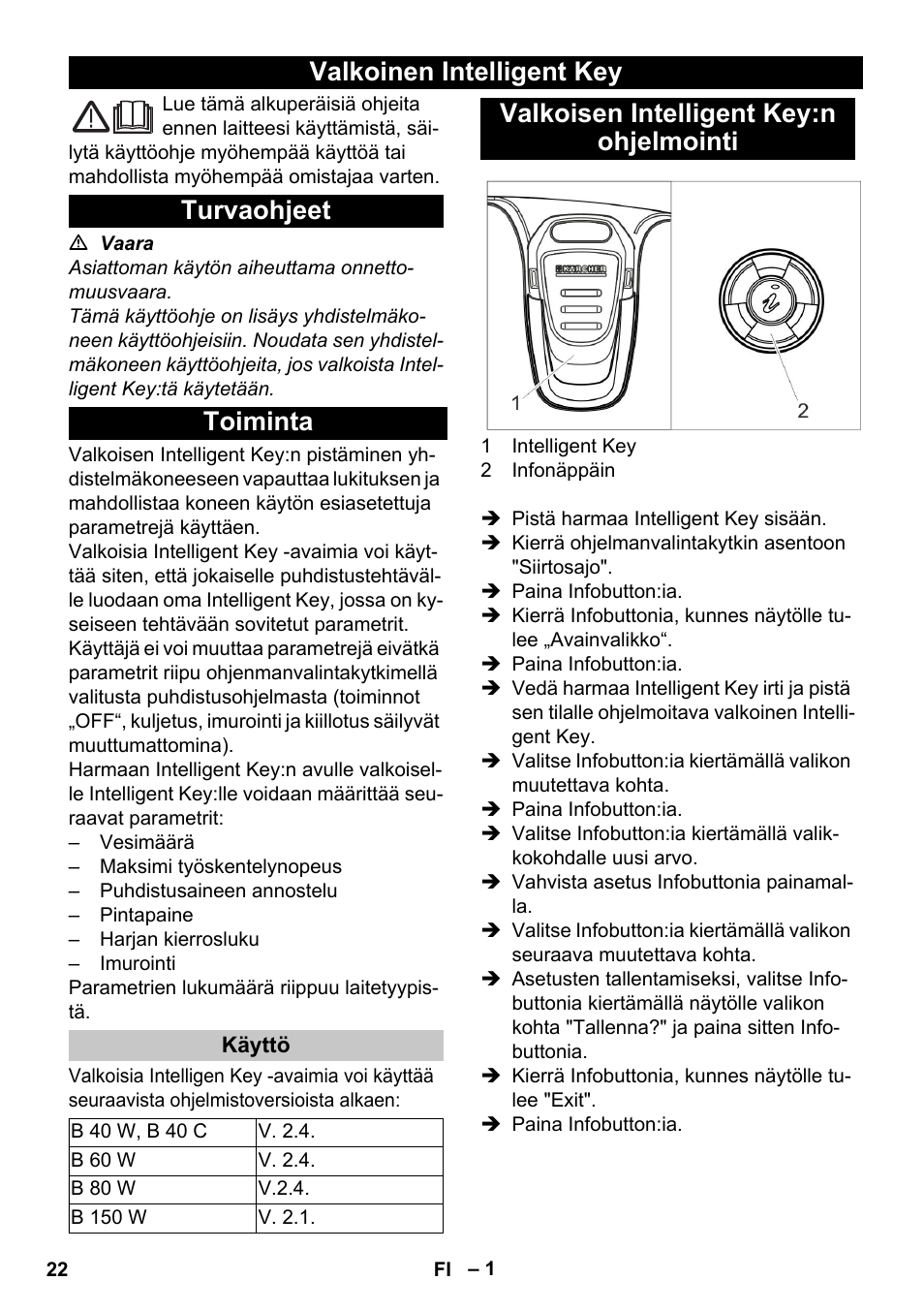 Suomi, Valkoinen intelligent key, Turvaohjeet | Toiminta, Käyttö, Valkoisen intelligent key:n ohjelmointi, Valkoinen intelligent key turvaohjeet toiminta | Karcher B 60 W User Manual | Page 22 / 56