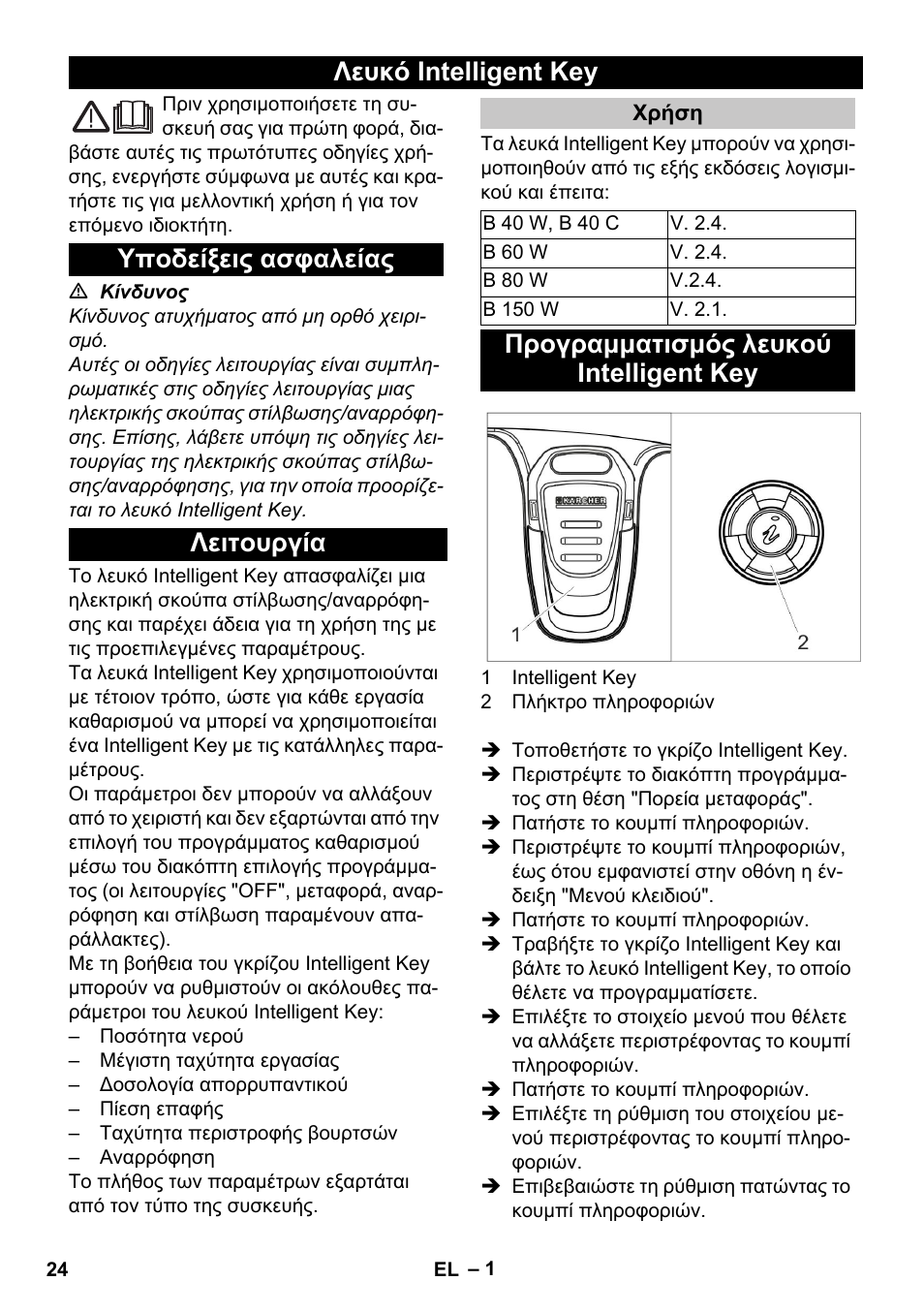 Ελληνικά, Λευκό intelligent key, Υποδείξεις ασφαλείας | Λειτουργία, Χρήση, Προγραμματισμός λευκού intelligent key | Karcher B 60 W User Manual | Page 24 / 56