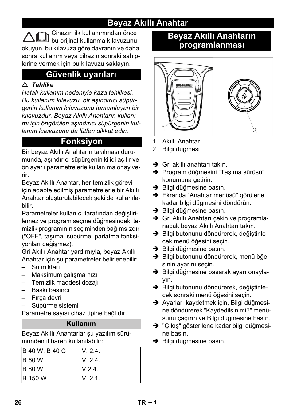 Türkçe, Beyaz akıllı anahtar, Güvenlik uyarıları | Fonksiyon, Kullanım, Beyaz akıllı anahtarın programlanması, Beyaz akıllı anahtar güvenlik uyarıları fonksiyon | Karcher B 60 W User Manual | Page 26 / 56