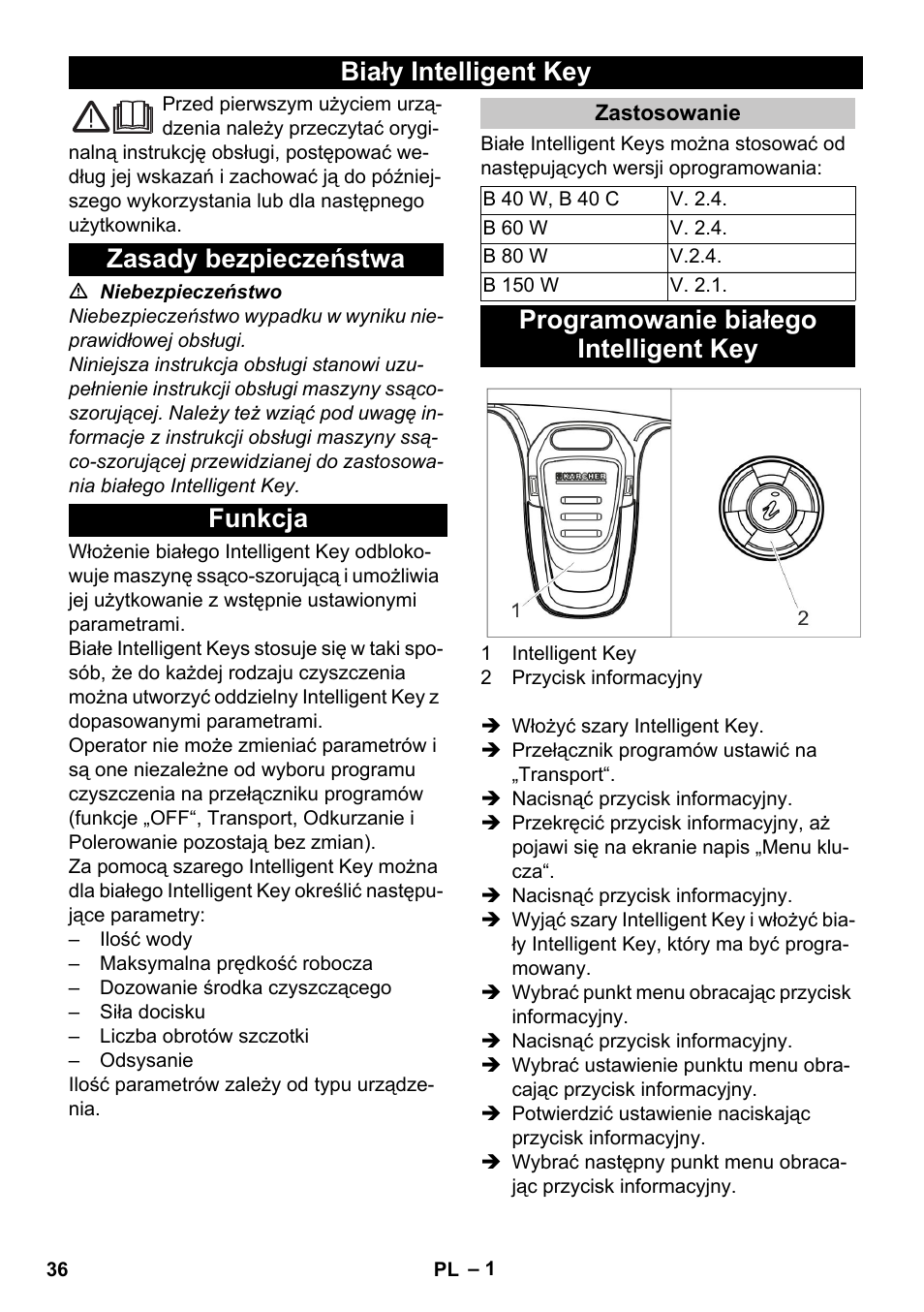 Polski, Biały intelligent key, Zasady bezpieczeństwa | Funkcja, Zastosowanie, Programowanie białego intelligent key | Karcher B 60 W User Manual | Page 36 / 56