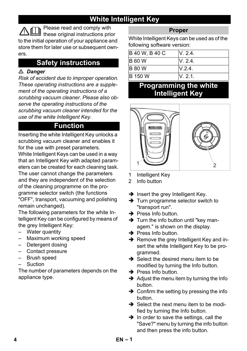 English, White intelligent key, Safety instructions | Function, Proper, Programming the white intelligent key, White intelligent key safety instructions function | Karcher B 60 W User Manual | Page 4 / 56