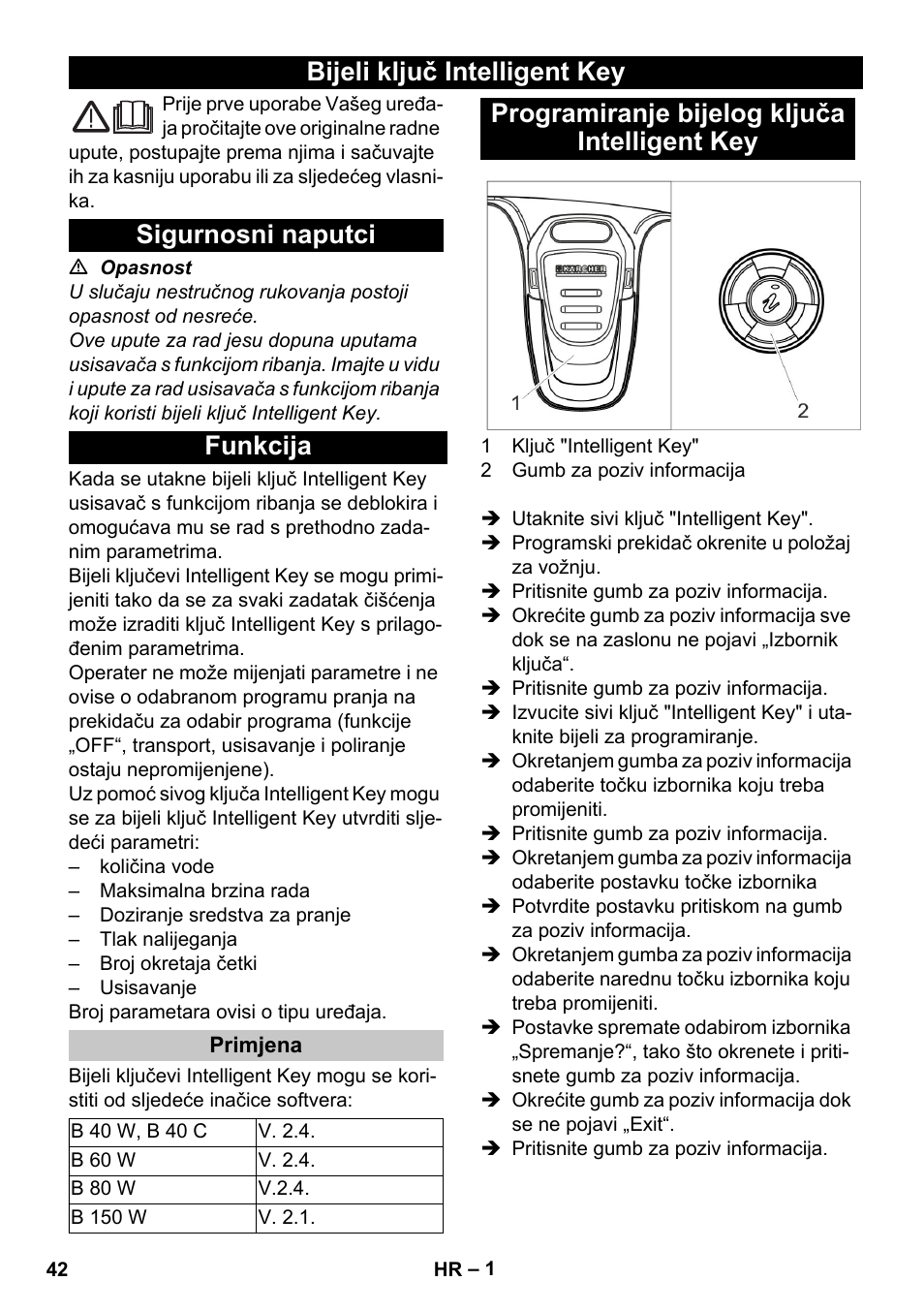 Hrvatski, Bijeli ključ intelligent key, Sigurnosni naputci | Funkcija, Primjena, Programiranje bijelog ključa intelligent key | Karcher B 60 W User Manual | Page 42 / 56