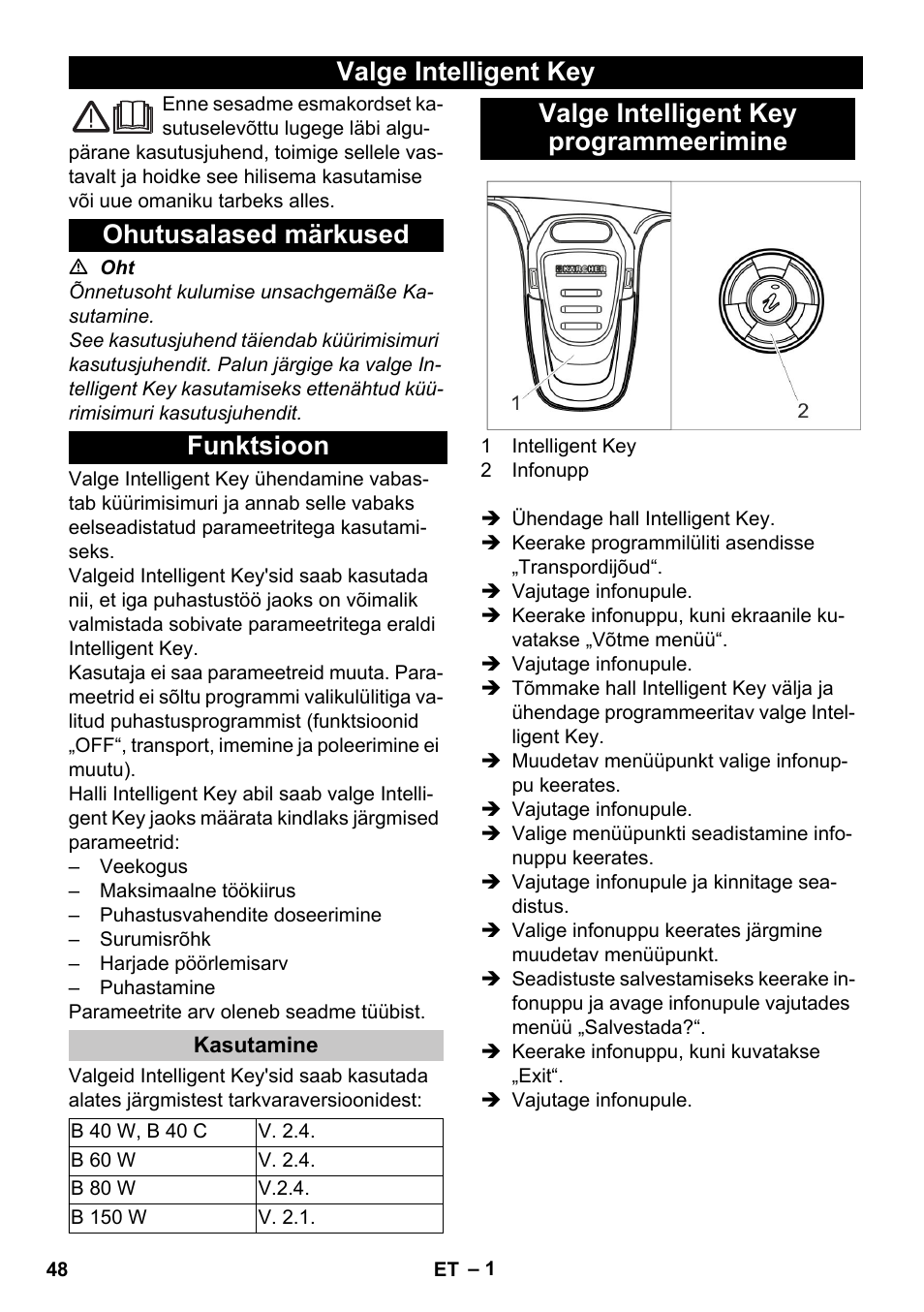 Eesti, Valge intelligent key, Ohutusalased märkused | Funktsioon, Kasutamine, Valge intelligent key programmeerimine | Karcher B 60 W User Manual | Page 48 / 56