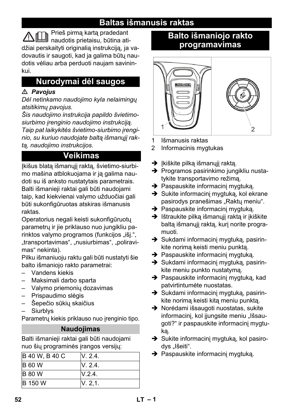 Lietuviškai, Baltas išmanusis raktas, Nurodymai dėl saugos | Veikimas, Naudojimas, Balto išmaniojo rakto programavimas | Karcher B 60 W User Manual | Page 52 / 56