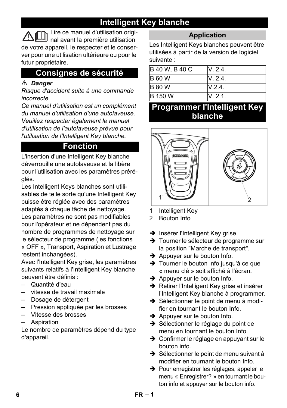 Français, Intelligent key blanche, Consignes de sécurité | Fonction, Application, Programmer l'intelligent key blanche | Karcher B 60 W User Manual | Page 6 / 56