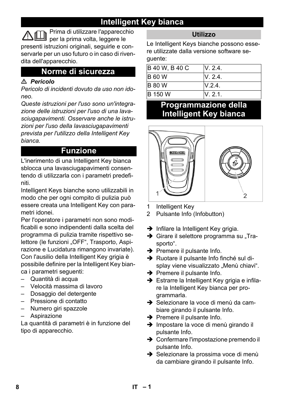 Italiano, Intelligent key bianca, Norme di sicurezza | Funzione, Utilizzo, Programmazione della intelligent key bianca, Intelligent key bianca norme di sicurezza funzione | Karcher B 60 W User Manual | Page 8 / 56