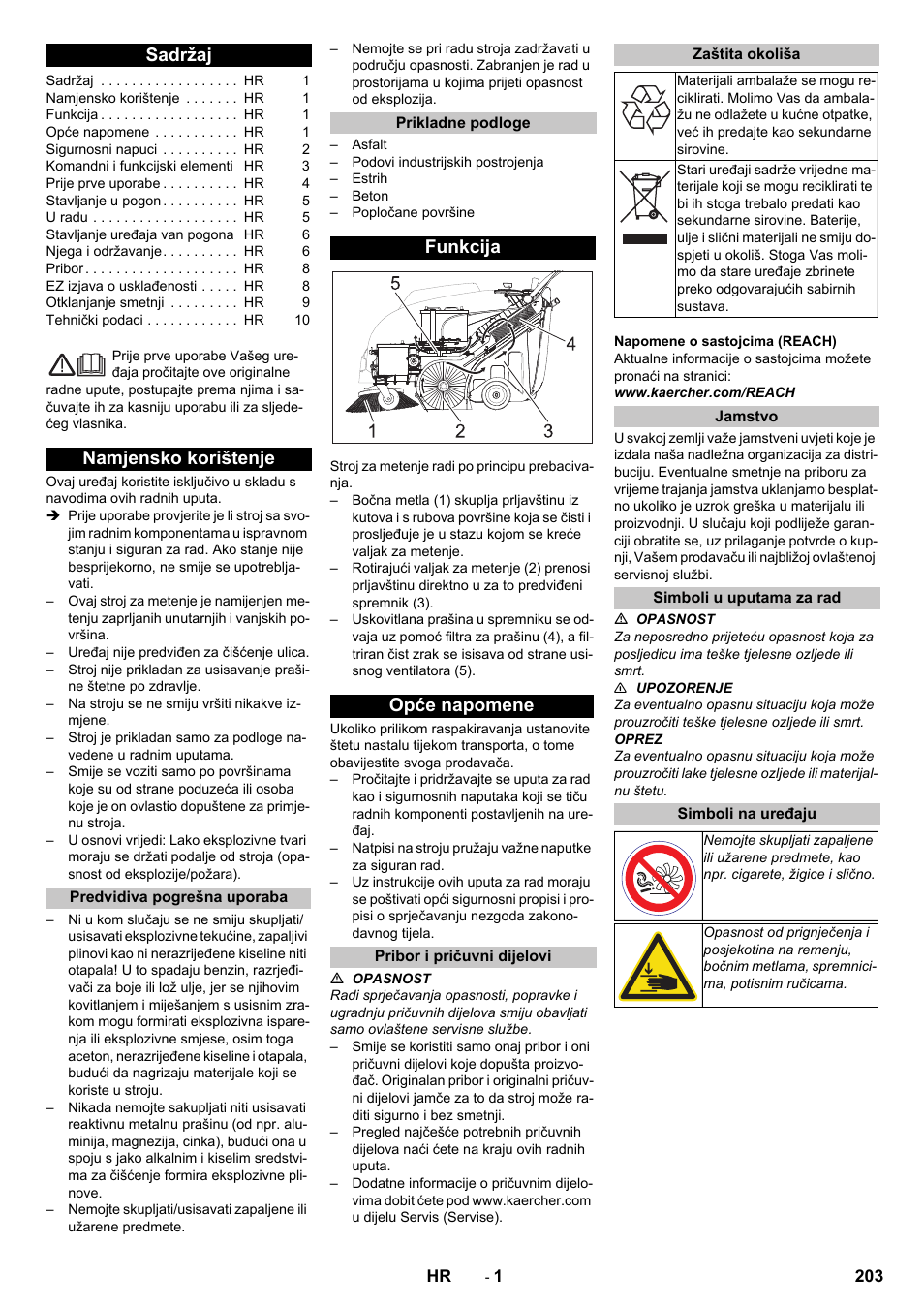 Hrvatski, Sadržaj, Namjensko korištenje | Predvidiva pogrešna uporaba, Prikladne podloge, Funkcija, Opće napomene, Pribor i pričuvni dijelovi, Zaštita okoliša, Jamstvo | Karcher KM 75-40 W Bp Pack User Manual | Page 203 / 276