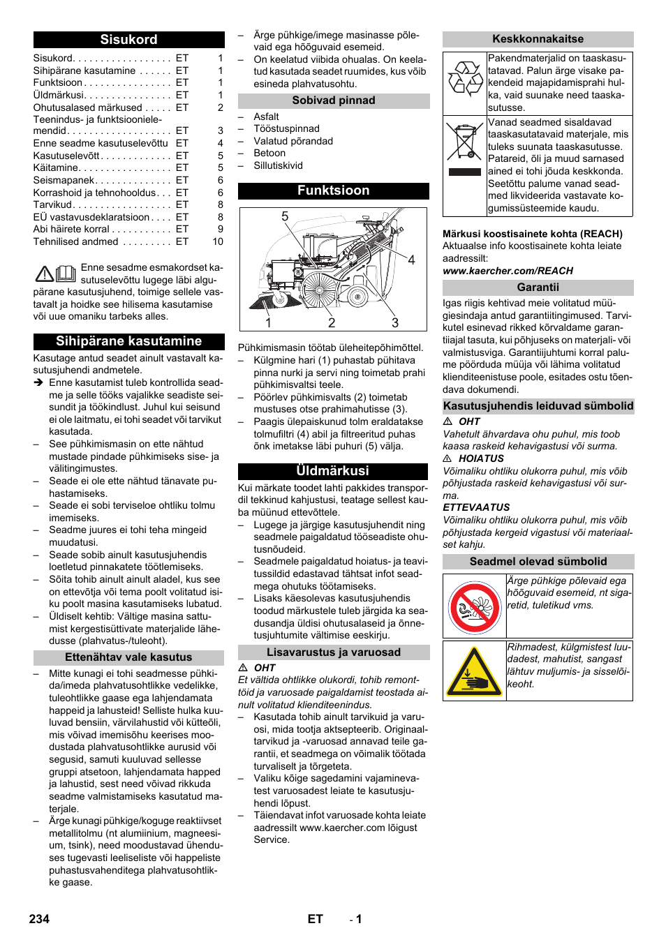 Eesti, Sisukord, Sihipärane kasutamine | Ettenähtav vale kasutus, Sobivad pinnad, Funktsioon, Üldmärkusi, Lisavarustus ja varuosad, Keskkonnakaitse, Garantii | Karcher KM 75-40 W Bp Pack User Manual | Page 234 / 276