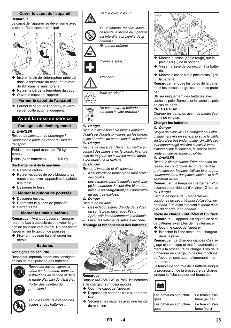 Ouvrir le capot de l'appareil, Fermer le capot de l'appareil, Avant la mise en service | Consignes de déchargement, Déchargement de la machine, Monter le guidon de poussée, Monter les balais latéraux, Batteries, Consignes de sécurité, Montage et branchement des batteries | Karcher KM 75-40 W Bp Pack User Manual | Page 25 / 276