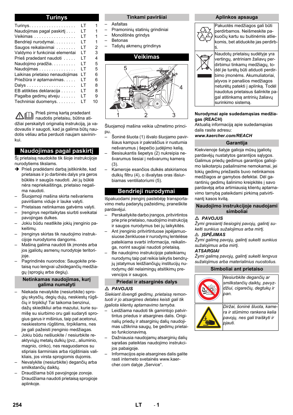 Lietuviškai, Turinys, Naudojimas pagal paskirtį | Netinkamas naudojimas, kurį galima numatyti, Tinkami paviršiai, Veikimas, Bendrieji nurodymai, Priedai ir atsarginės dalys, Aplinkos apsauga, Garantija | Karcher KM 75-40 W Bp Pack User Manual | Page 254 / 276