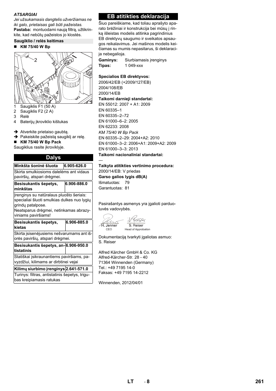 Saugiklio / relės keitimas, Dalys, Eb atitikties deklaracija | Karcher KM 75-40 W Bp Pack User Manual | Page 261 / 276