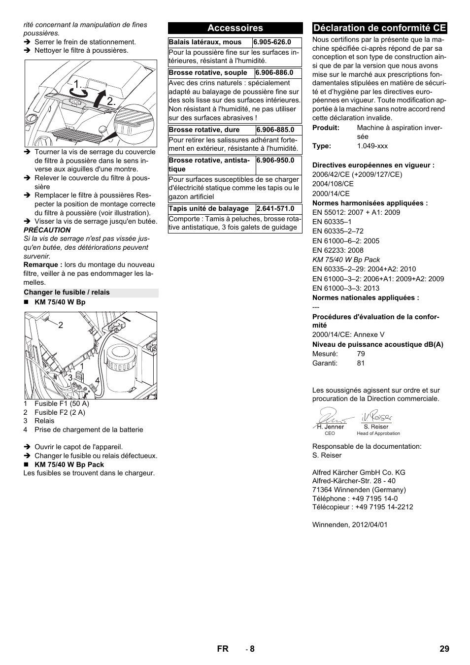 Changer le fusible / relais, Accessoires, Déclaration de conformité ce | Karcher KM 75-40 W Bp Pack User Manual | Page 29 / 276