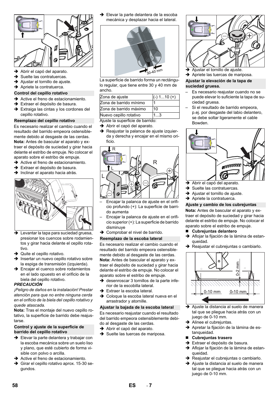 Control del cepillo rotativo, Reemplazo del cepillo rotativo, Reemplazo de la escoba lateral | Ajustar la bajada de la escoba lateral, Ajustar la elevación de la tapa de suciedad gruesa, Ajuste y cambio de los cubrejuntas | Karcher KM 75-40 W Bp Pack User Manual | Page 58 / 276