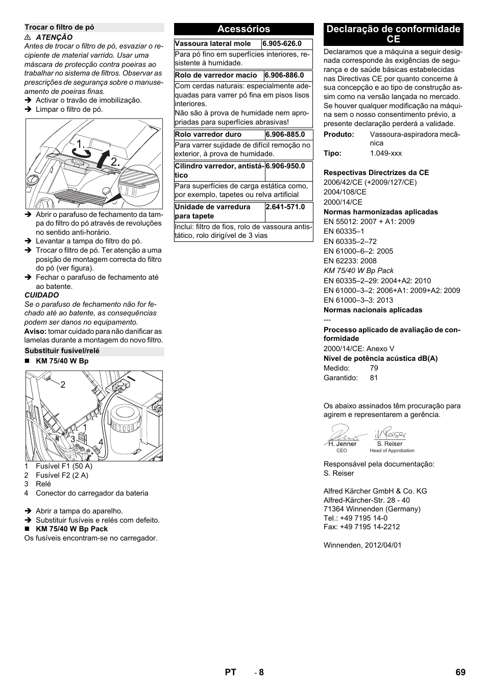 Trocar o filtro de pó, Substituir fusível/relé, Acessórios | Declaração de conformidade ce | Karcher KM 75-40 W Bp Pack User Manual | Page 69 / 276