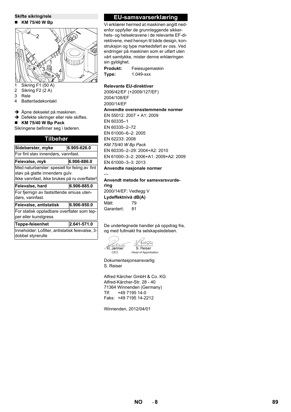 Skifte sikring/rele, Tilbehør, Eu-samsvarserklæring | Karcher KM 75-40 W Bp Pack User Manual | Page 89 / 276