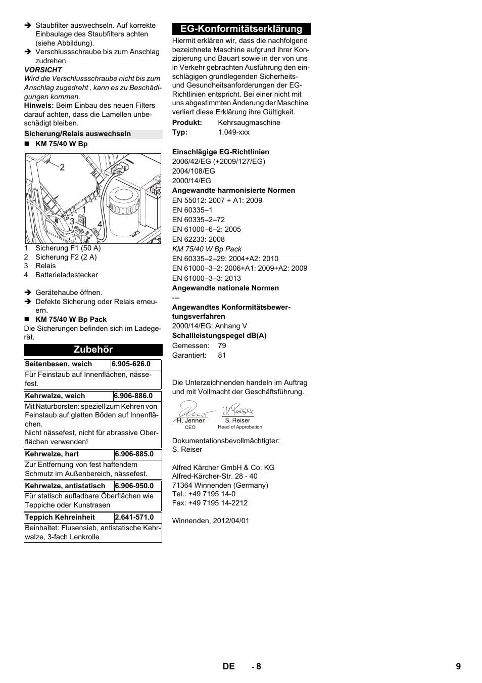 Sicherung/relais auswechseln, Zubehör, Eg-konformitätserklärung | Karcher KM 75-40 W Bp Pack User Manual | Page 9 / 276